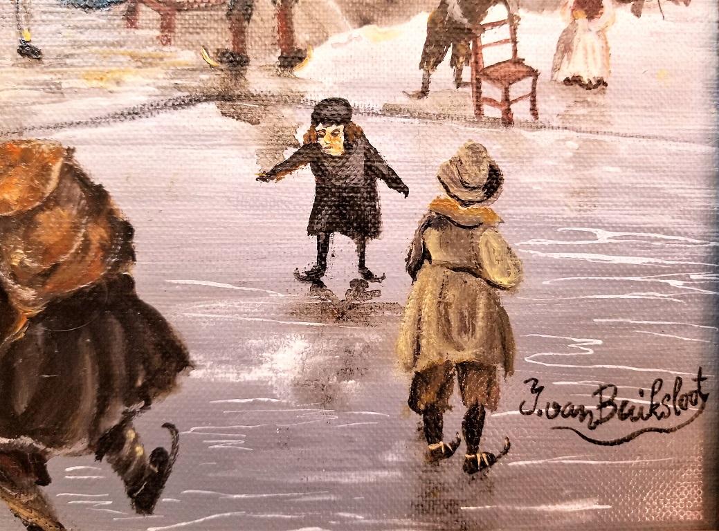 Folk Art Dutch Ice Skating Oil on Canvas by Van Buiksloot For Sale
