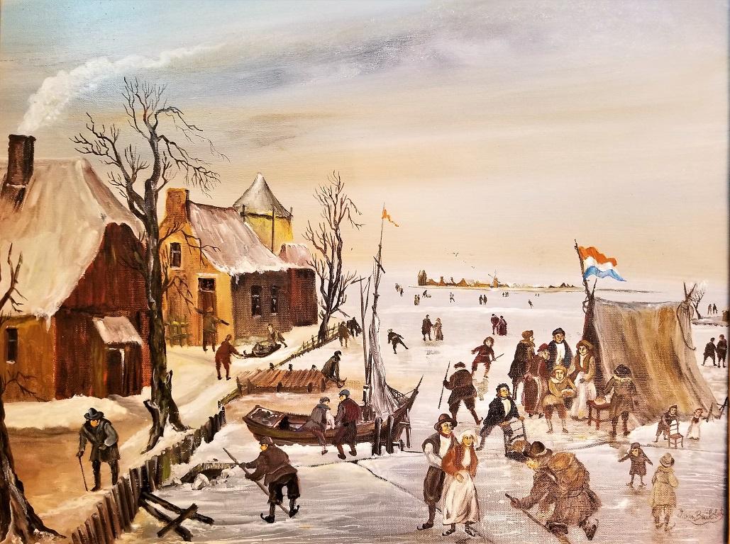 Hand-Crafted Dutch Ice Skating Oil on Canvas by Van Buiksloot For Sale