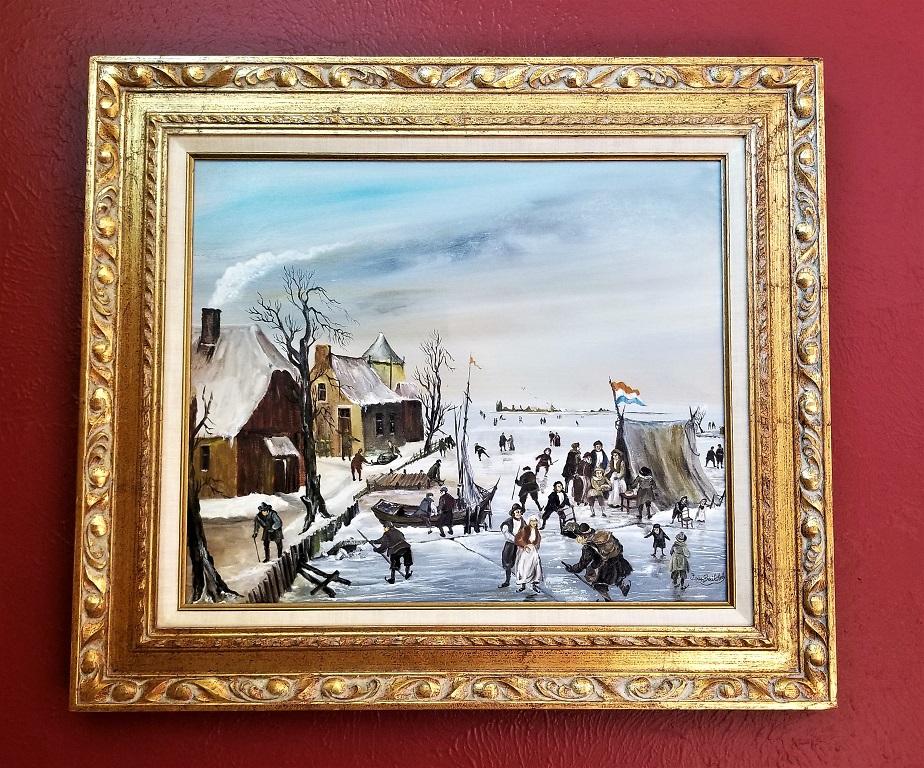 Dutch Ice Skating Oil on Canvas by Van Buiksloot In Good Condition For Sale In Dallas, TX