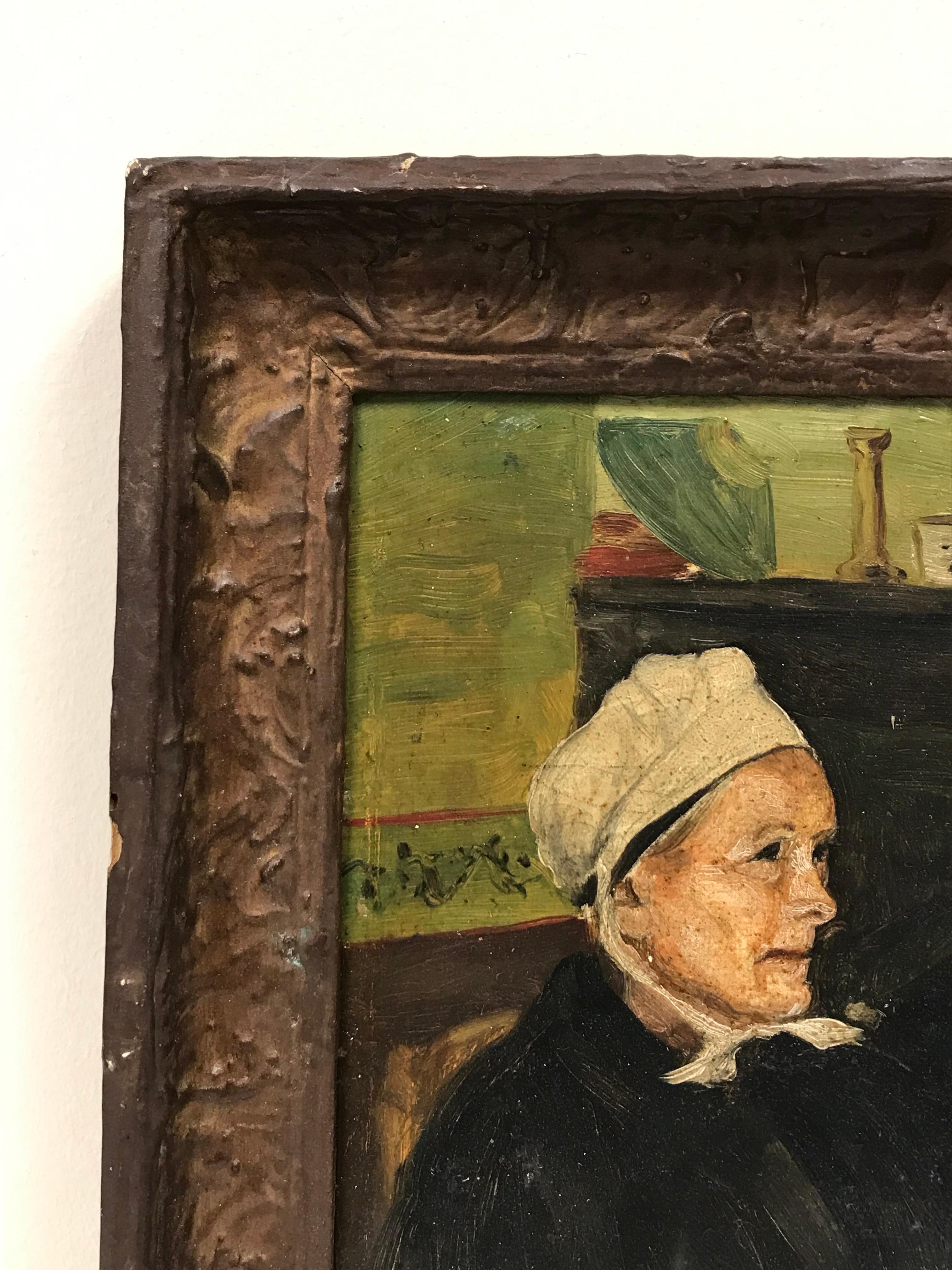 Artist/ School: Dutch School, early 20th century

Title: Portrait of a Woman in a room

Medium:  oil on board, framed

framed: 11.5 x 9.5 inches
board: 9 x 6.5 inches

Provenance: private collection, France

Condition: The painting is in overall