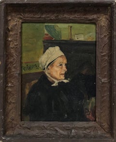 Antique Dutch Impressionist Oil Painting Portrait of a Woman in Interior Room
