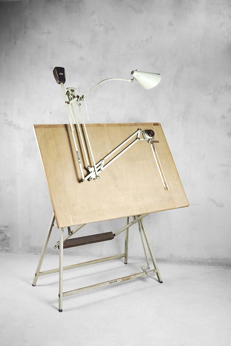Dutch Industrial Drawing Table with Lamp and Drafting Machine by Rotanex, 1950s 3