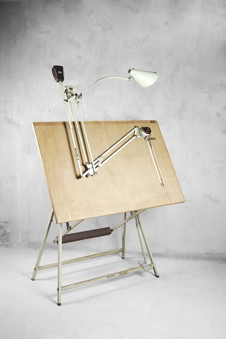 Dutch Industrial Drawing Table with Lamp and Drafting Machine by