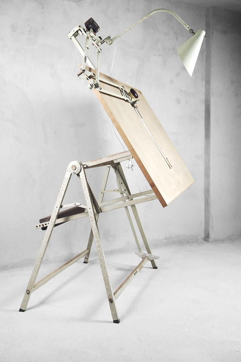 Mid-20th Century Dutch Industrial Drawing Table with Lamp and Drafting Machine by Rotanex, 1950s