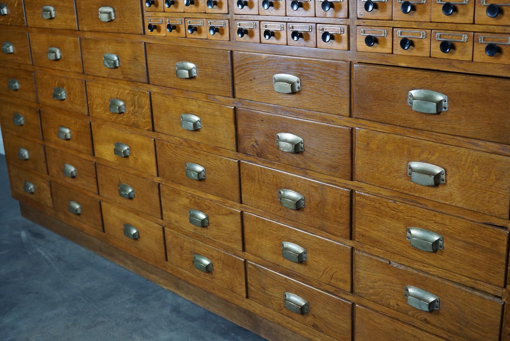 Dutch Industrial Oak Apothecary Cabinet / Bank of Drawers, 1940s 12