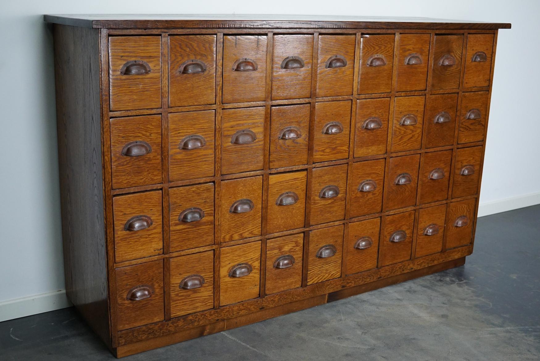 Dutch Industrial Oak Apothecary Cabinet / Bank of Drawers, 1940s 13