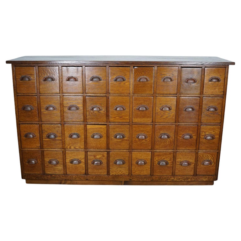 Dutch Industrial Oak Apothecary Cabinet / Bank of Drawers, 1940s For Sale