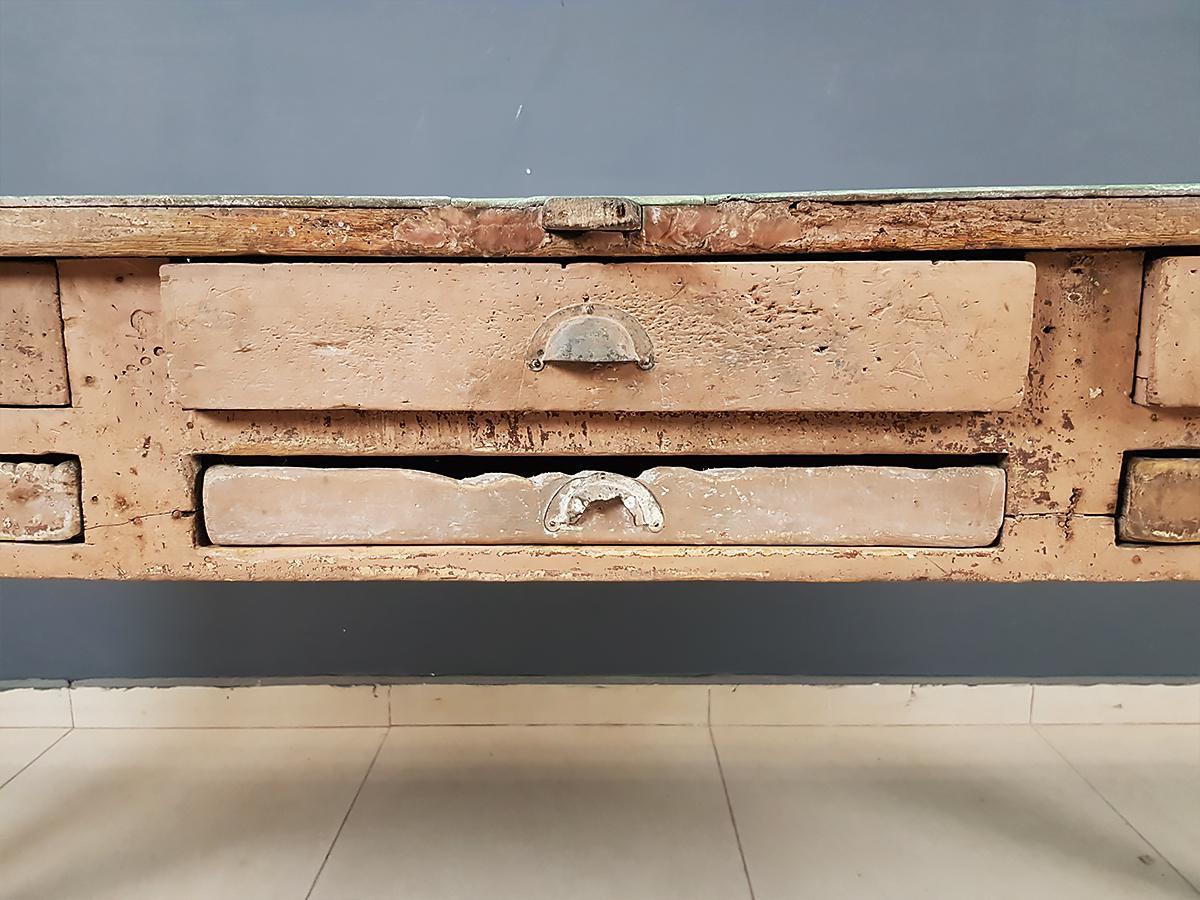 Wood Dutch Industrial Work Console Table With 6 Drawers and Original Hardware
