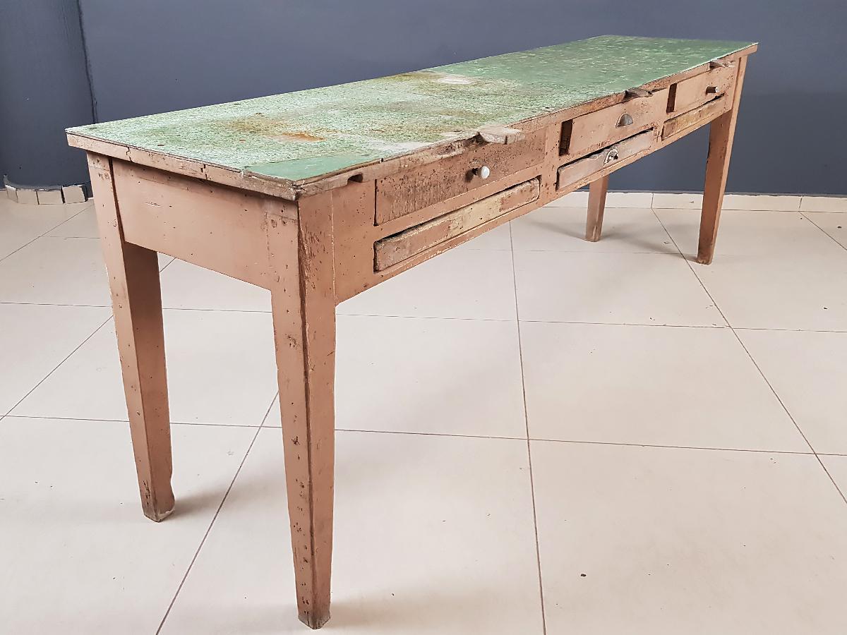 Dutch Industrial Work Console Table With 6 Drawers and Original Hardware 1