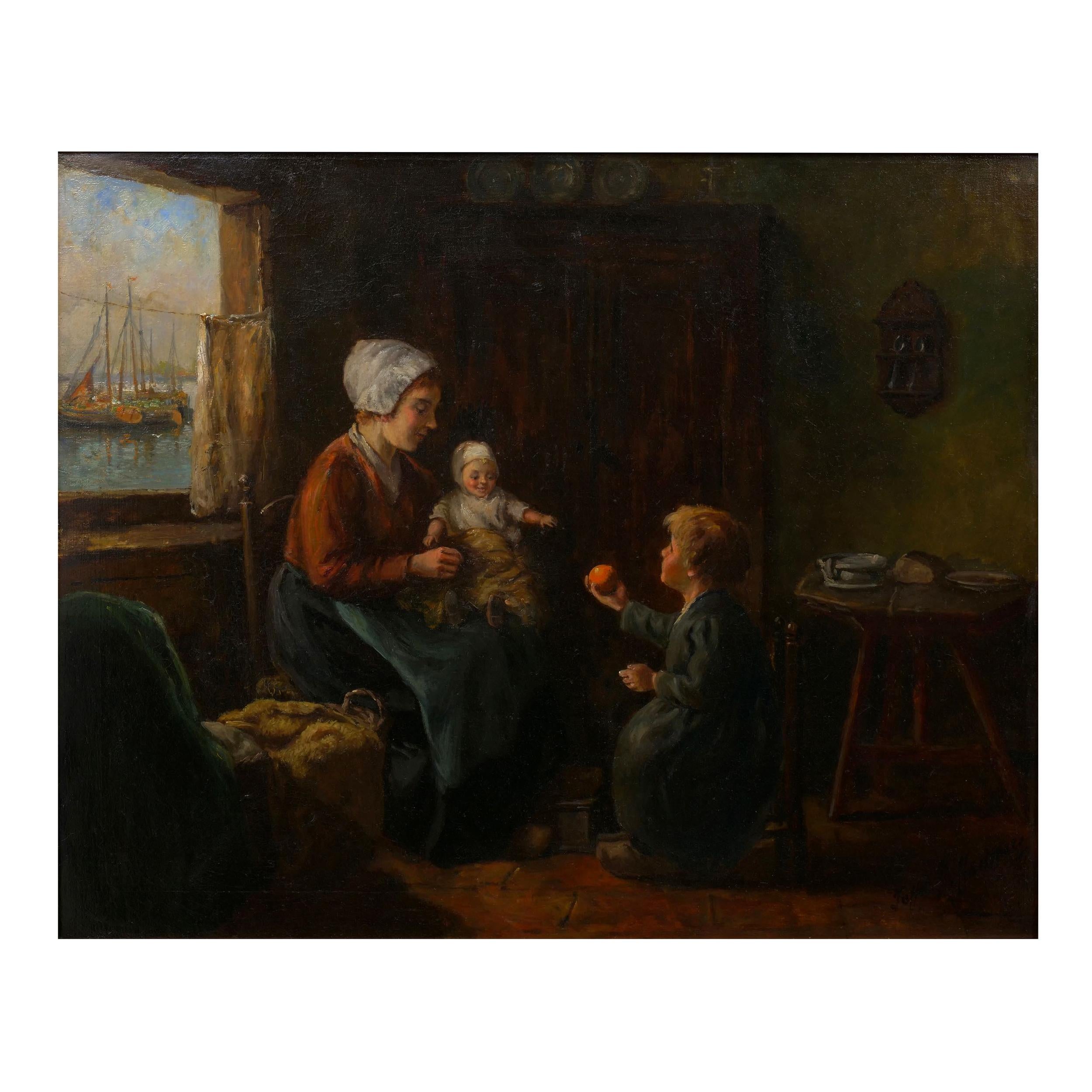 A fine interior scene of a family's home depicting a mother with her small children interacting by an open window that overlooks the harbor with rows of sailboats along the dock. The interior is exquisitely detailed in the Dutch taste, distinctly