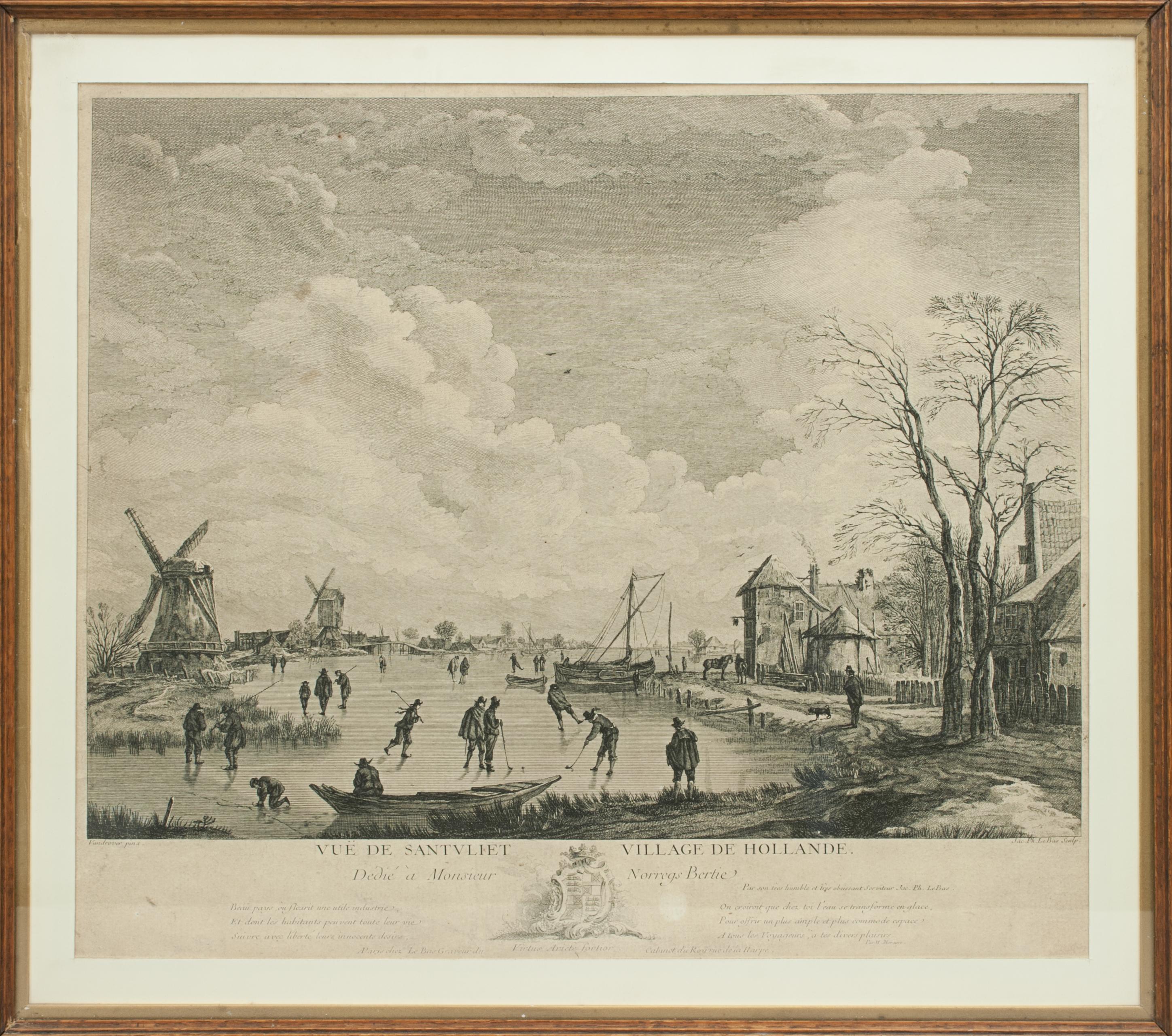 Dutch Golf Engraving By Jacques-Philippe Lebas, Vuë De Santvliet Village De Hollande.
Rare 18th century Dutch golf engraving by Jacques-Philippe Lebas depicting Dutchman playing the early form of golf on the ice. The Kolf engraving is entitled 'Vuë