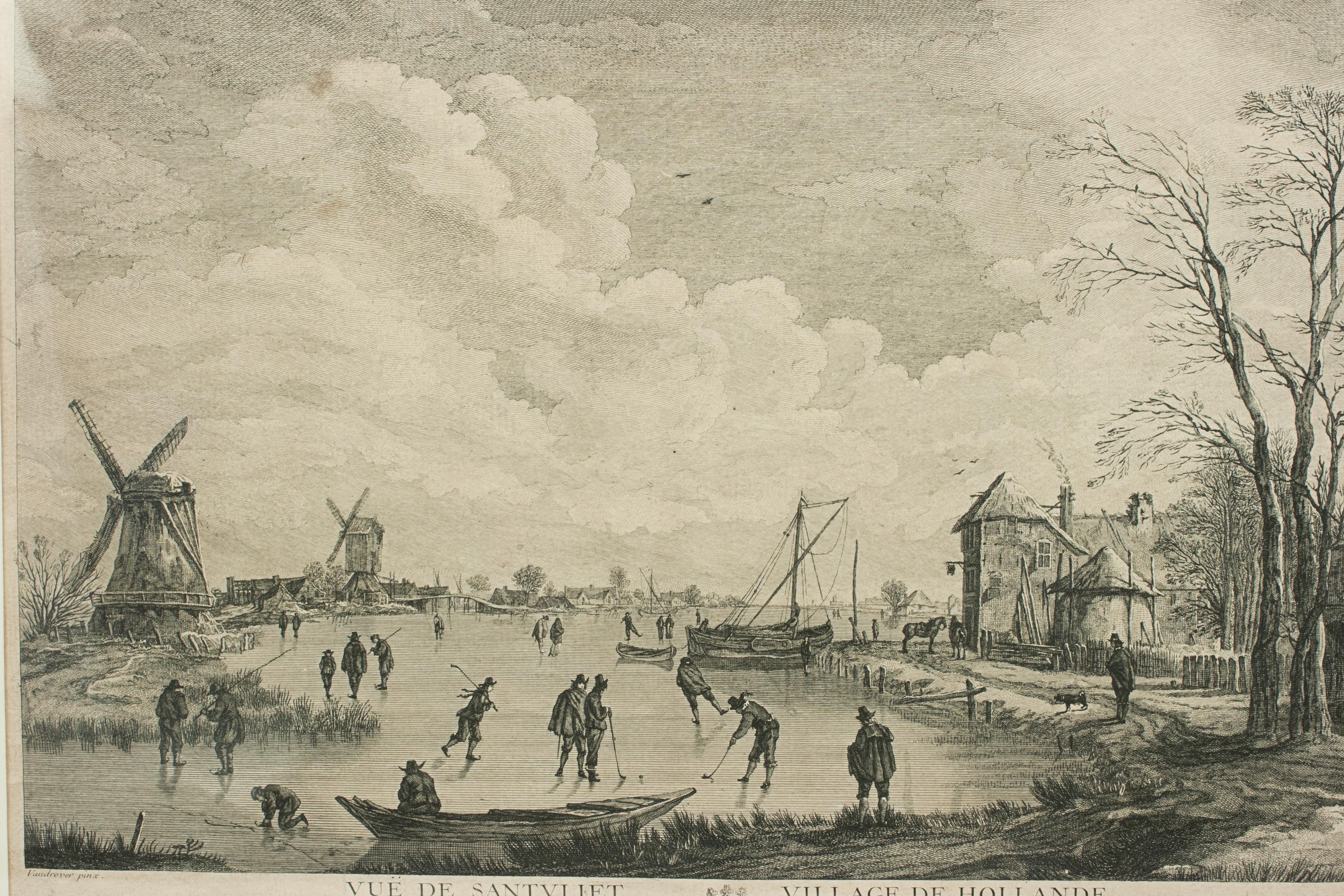18th Century and Earlier Dutch Kolf Print, Vuë De Santvliet Village De Hollande, Golf Engraving For Sale