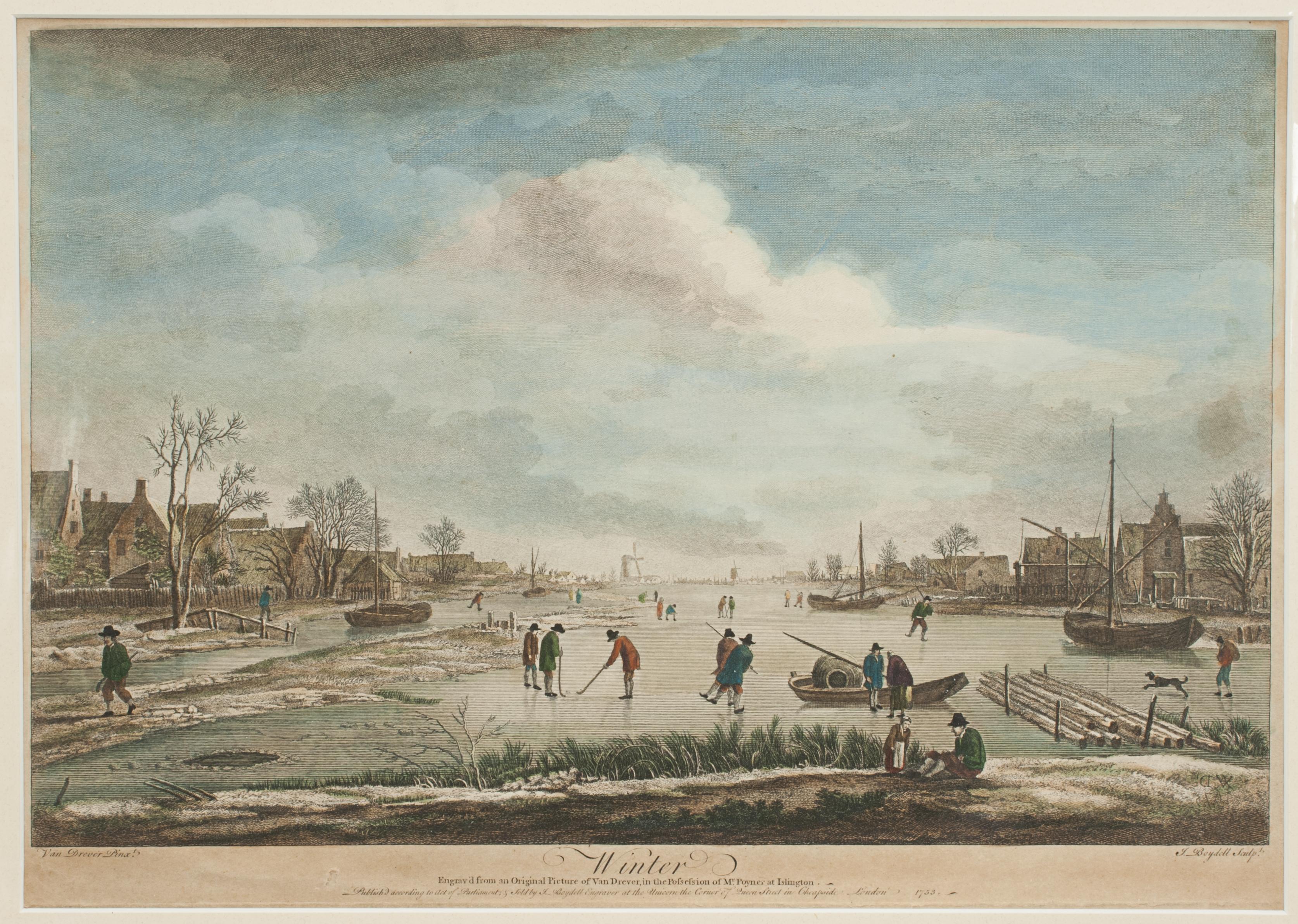Dutch golf engraving by J. Boydell, Winter.
Rare 18th century Dutch golf engraving by J. Boydell depicting Dutchman playing the early form of golf on the ice, titled 'Winter'. The scene shows a group of three Dutch gentlemen in the foreground