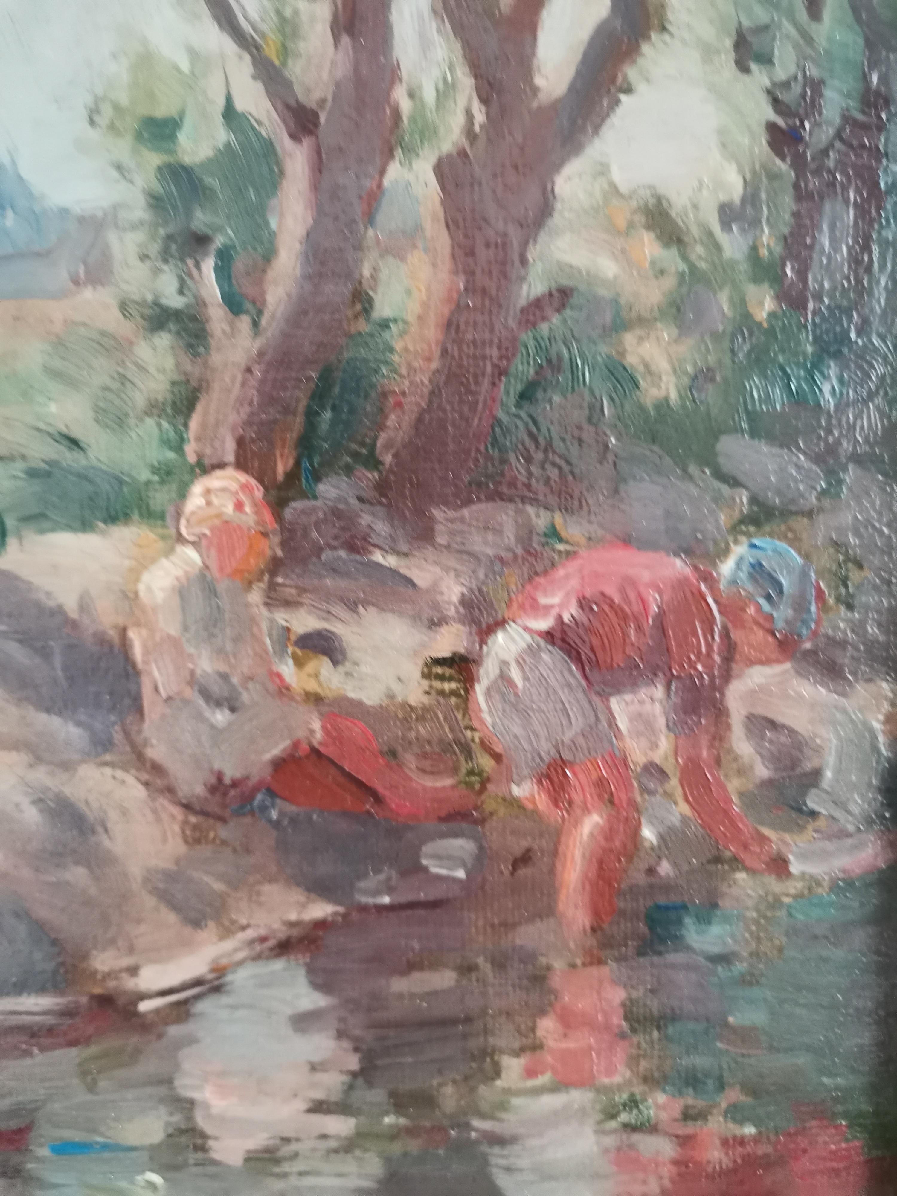 Beautiful summer impressionistic Dutch landscape with children playing at a lake surrounded by trees and in the background grassland, cornfields and a forest edge. Painted en plein air around 1930 in oil on canvas, later marouflaged on panel. It is