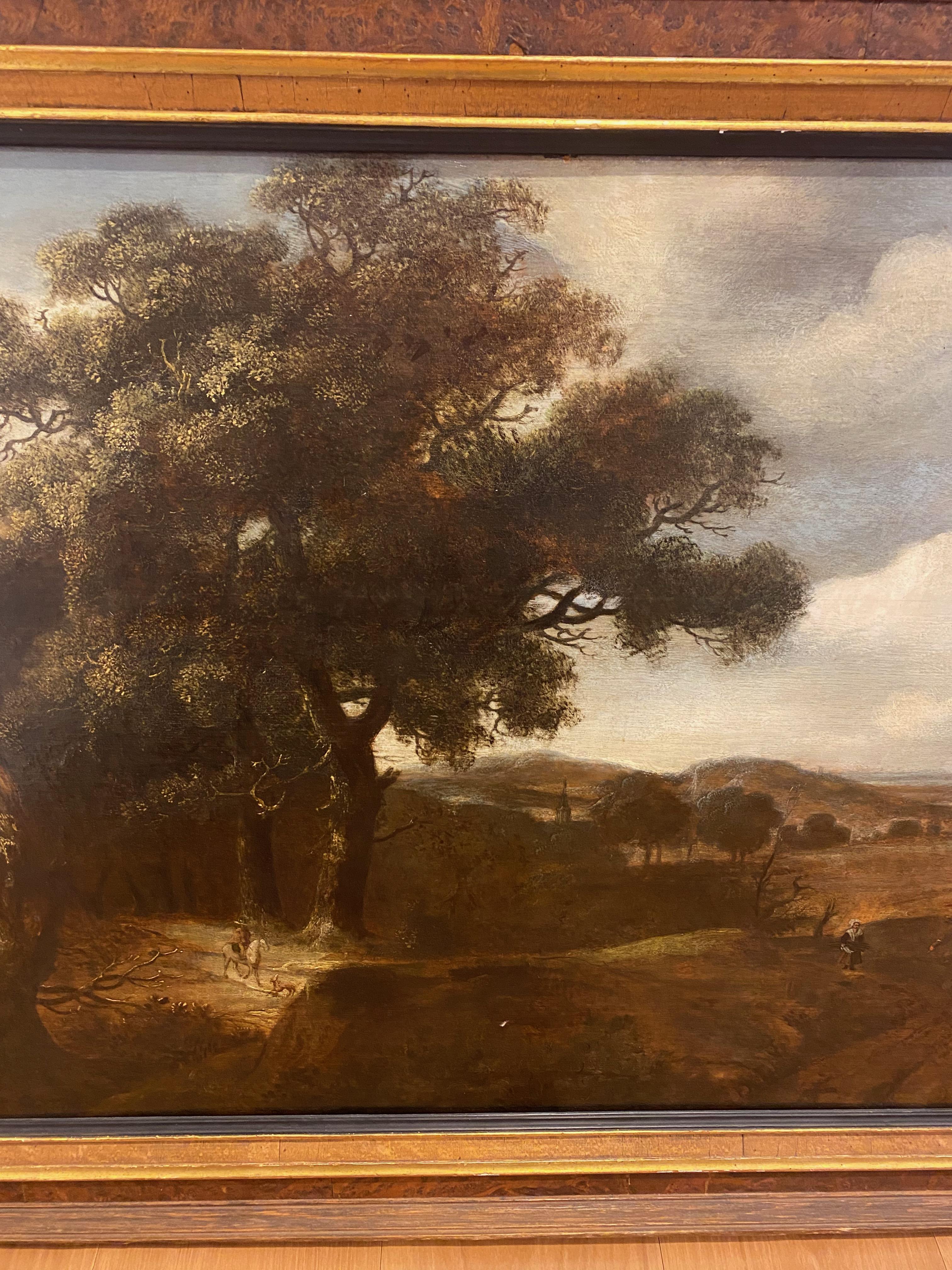 Holländische Landschaft, Nachfolger von Jacob van Ruisdael, undeutlich signiert, ca. 1720

Diese große Landschaft in Öl auf Karton wurde von einem Anhänger Jacob van Ruisdaels gemalt und ist undeutlich signiert. Es zeigt den weiten Blick in die