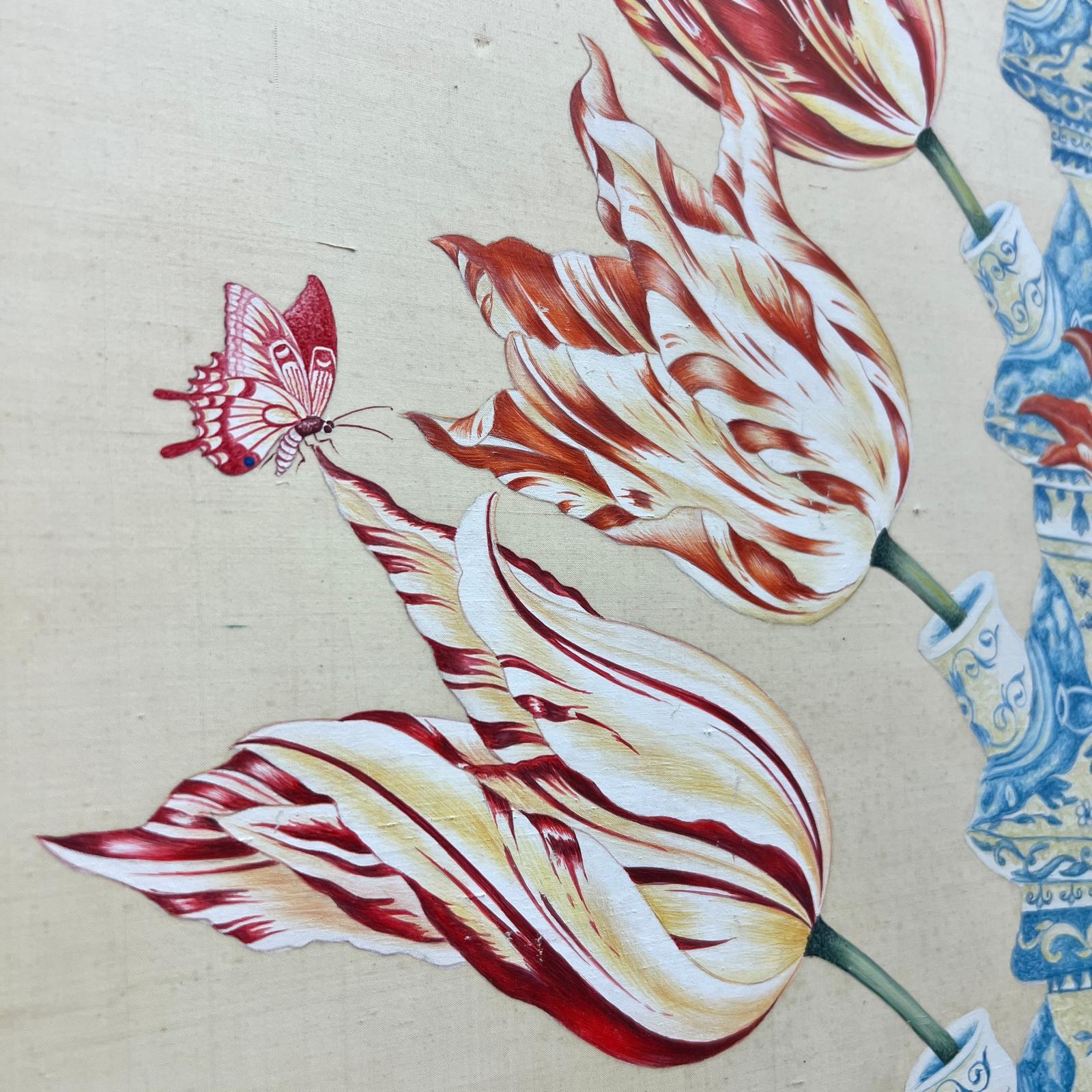 Dutch, Large Framed Tulip Vase Painting Delft 5