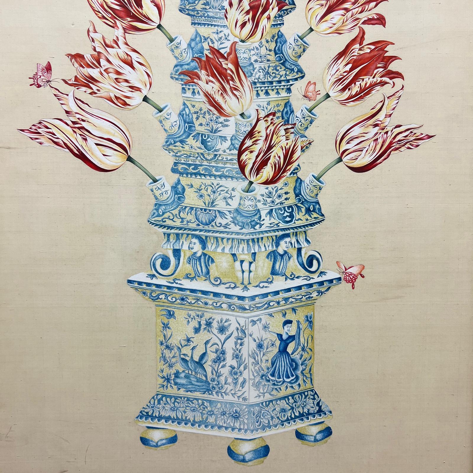 Dutch, Large Framed Tulip Vase Painting Delft 6
