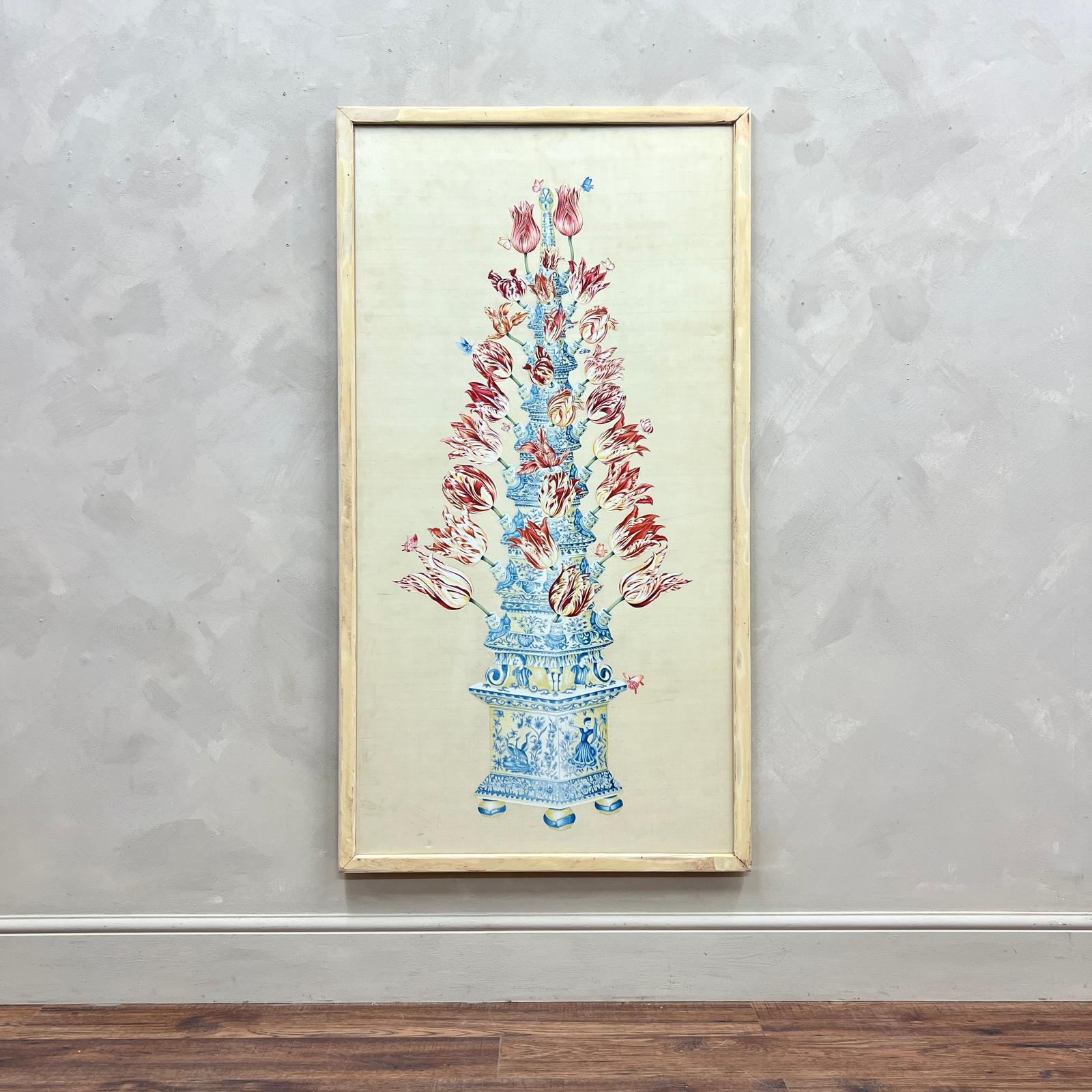 Hand-Painted Dutch, Large Framed Tulip Vase Painting Delft