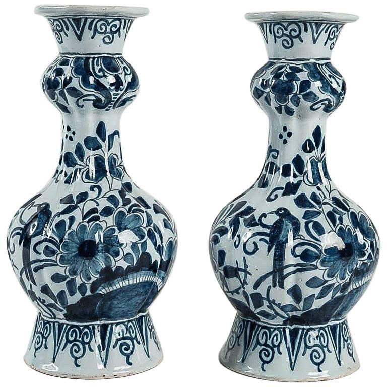 Dutch Late 17th Century, Delft Faience Pair of Gourd-Shaped Vases, circa 1700