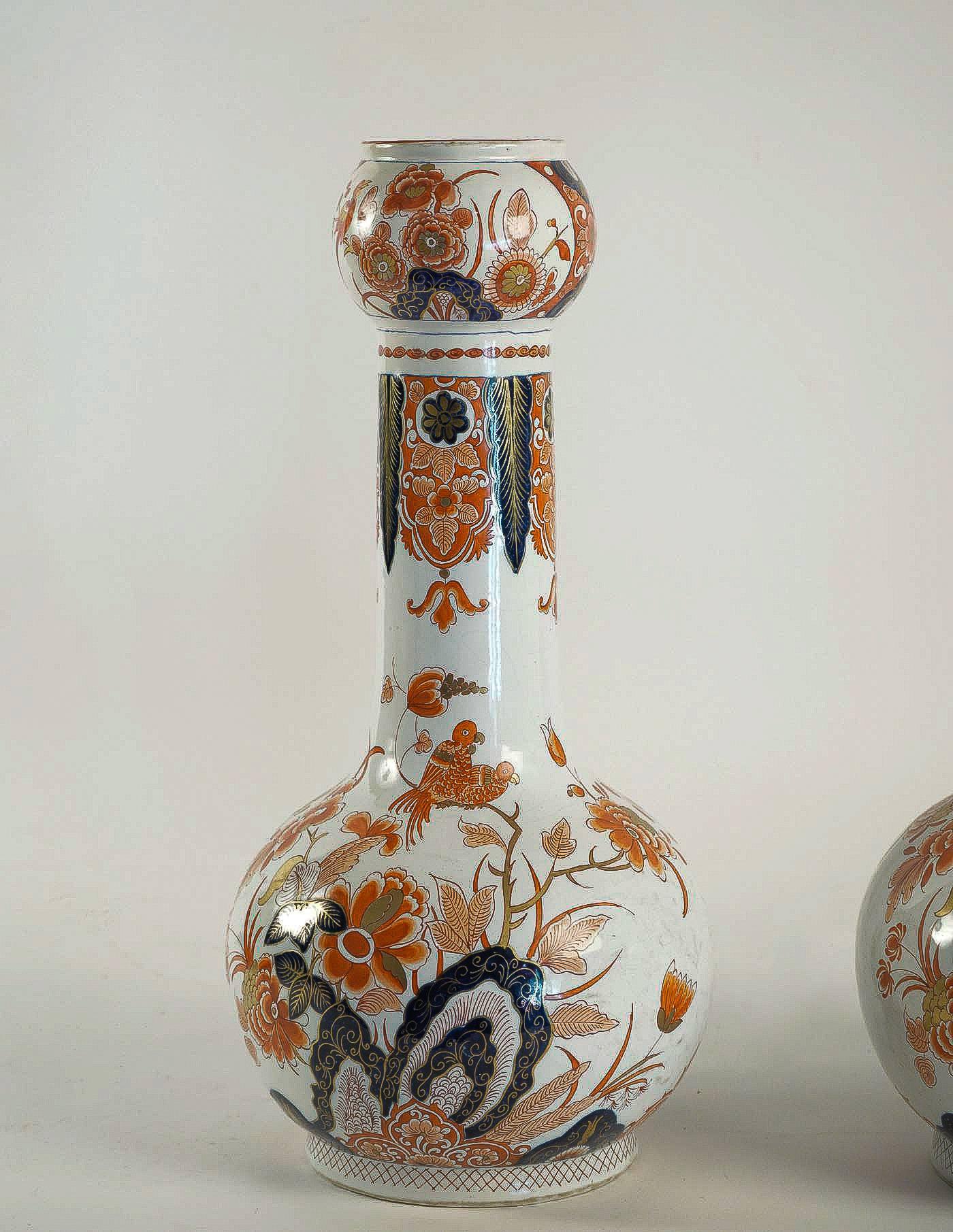 Polychromed Dutch Late-18th Century, Polychrome Delft Faience Pair of Gourd-Shaped Vases For Sale