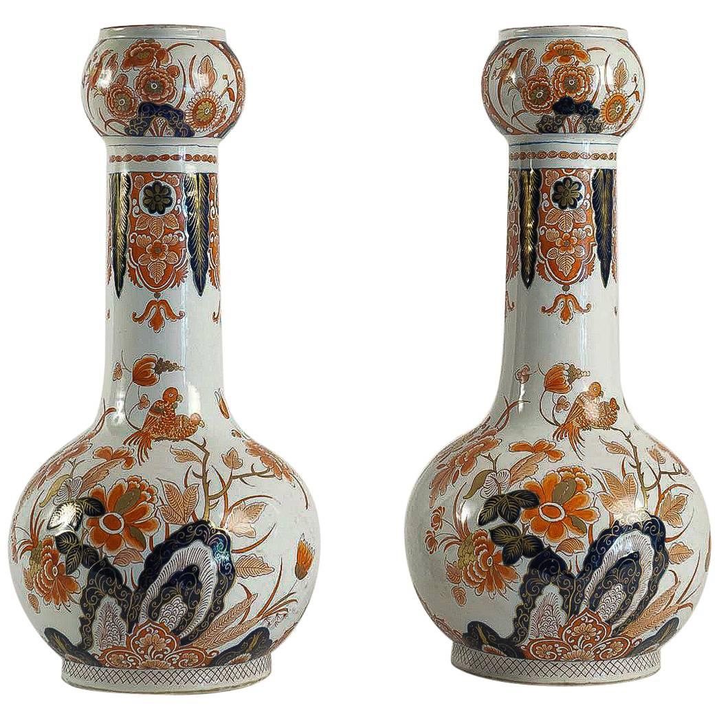 Dutch Late 18th Century, Polychrome Delft Faience Pair of Gourd-Shaped Vases