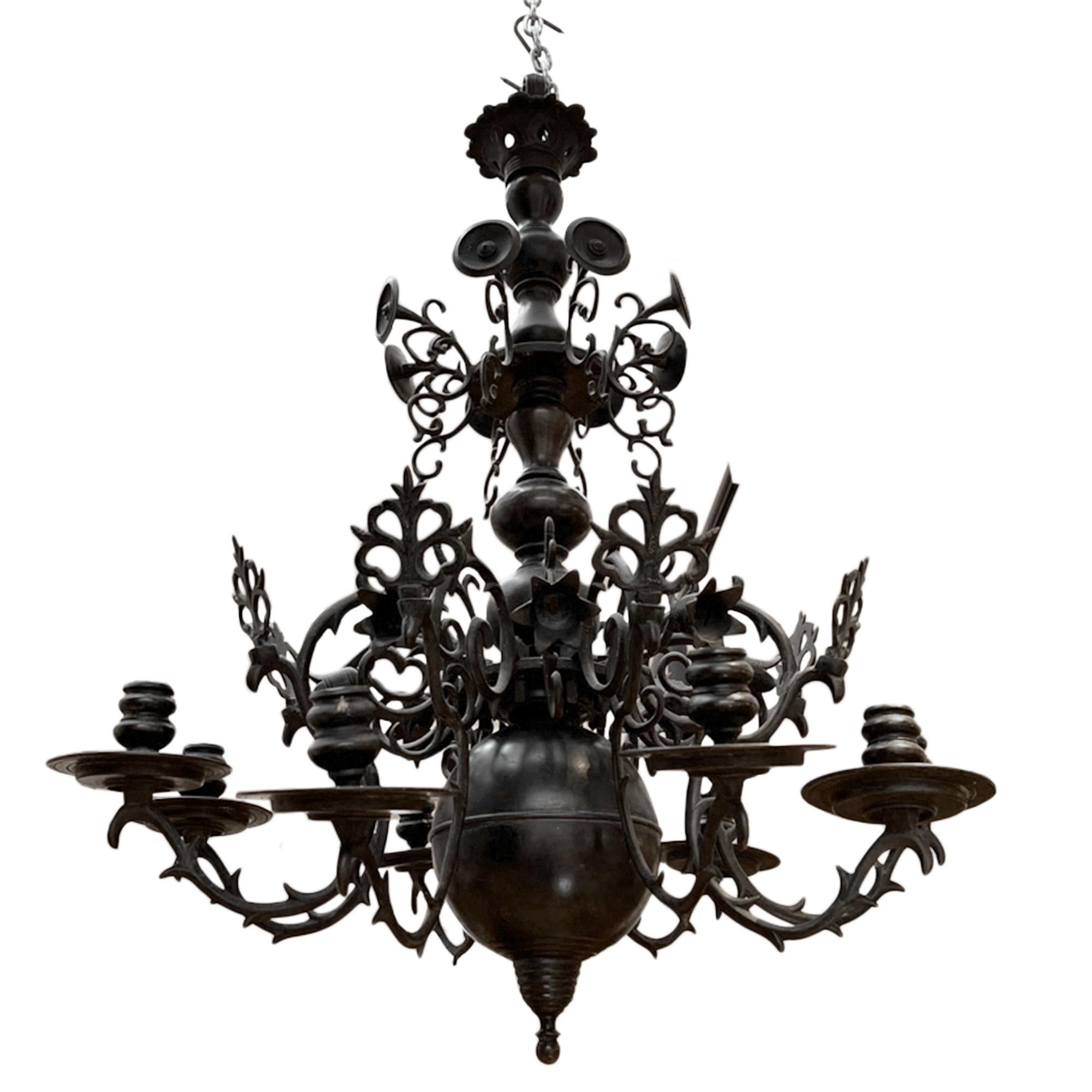 This unusual chandelier was made in The Netherlands in the late 19th century.

Very decorative design with eight arms and attractive naturalistic features. 

A statement piece of lighting.

Rewired. 

Shades not required.