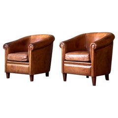 Dutch Leather Club Chairs, a Pair