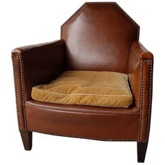 Dutch Leather Cognac Leather Club or Lounge Armchair with Copper Nails
