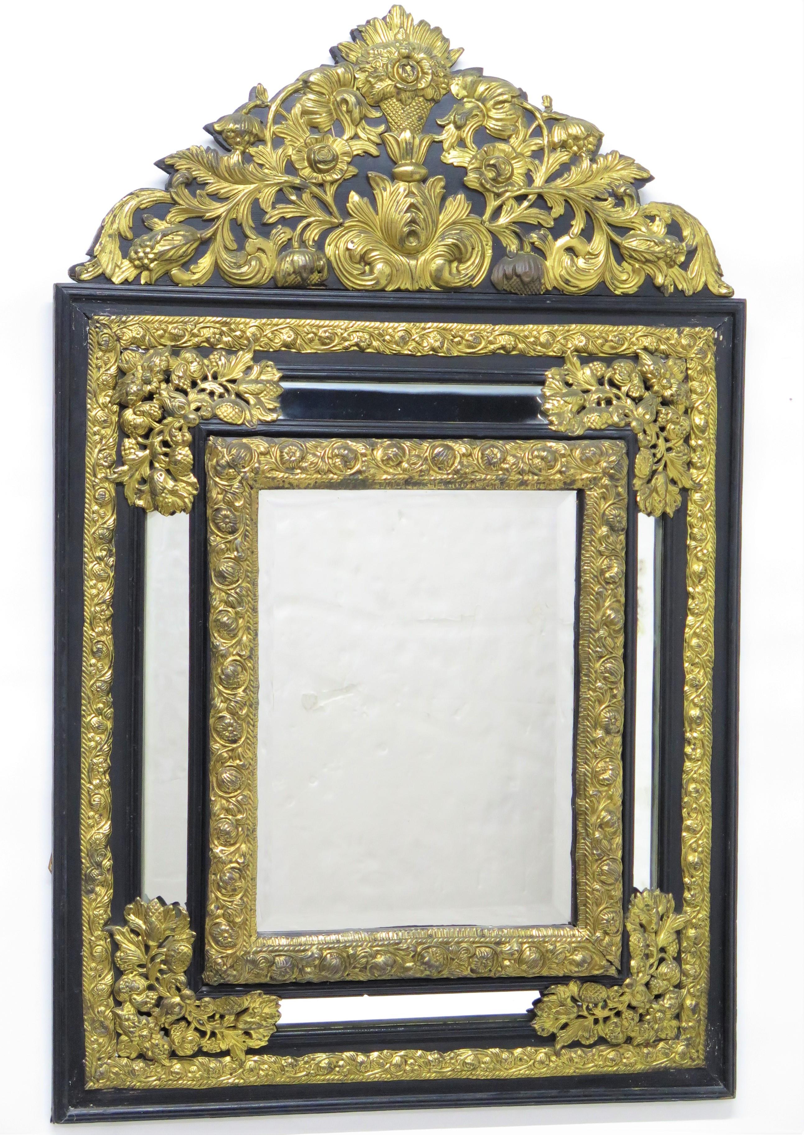 Dutch Looking Glass of Ebony and Brass Repoussé For Sale 6