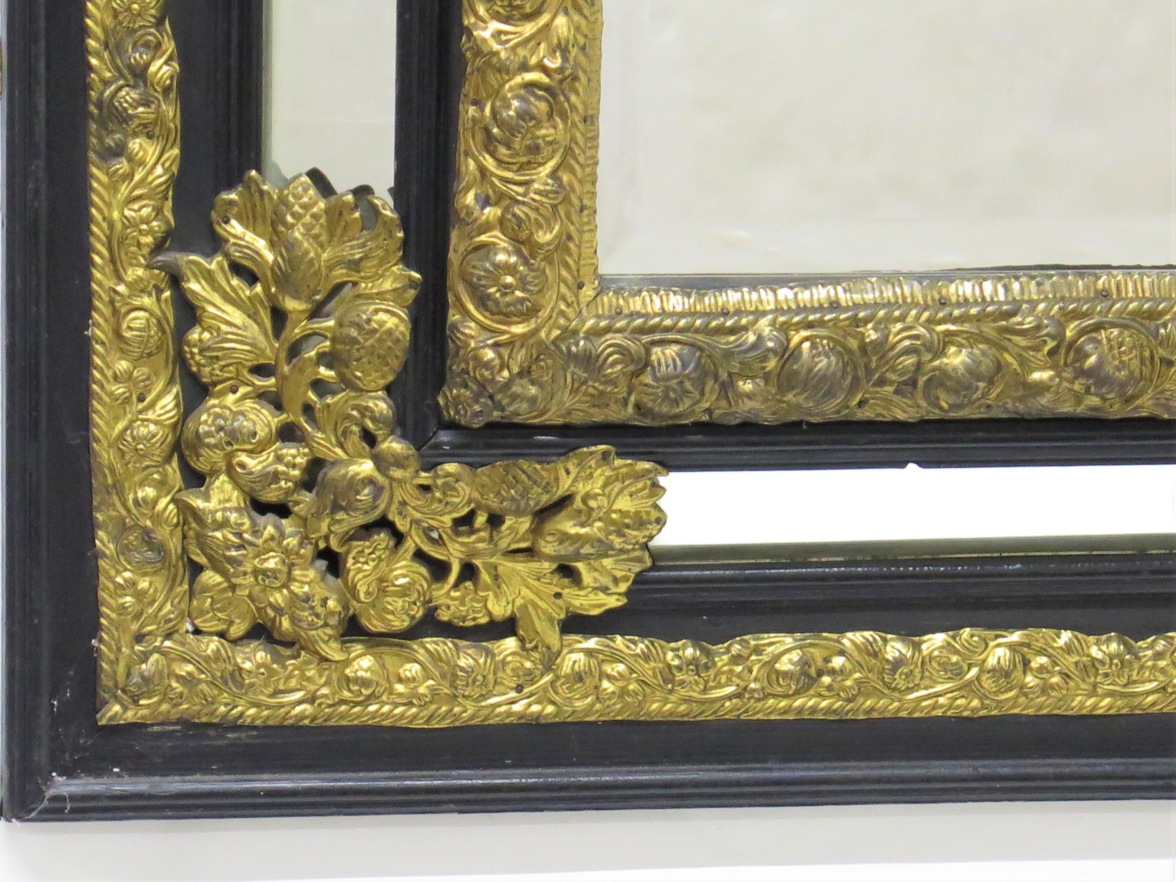 Dutch Looking Glass of Ebony and Brass Repoussé For Sale 2