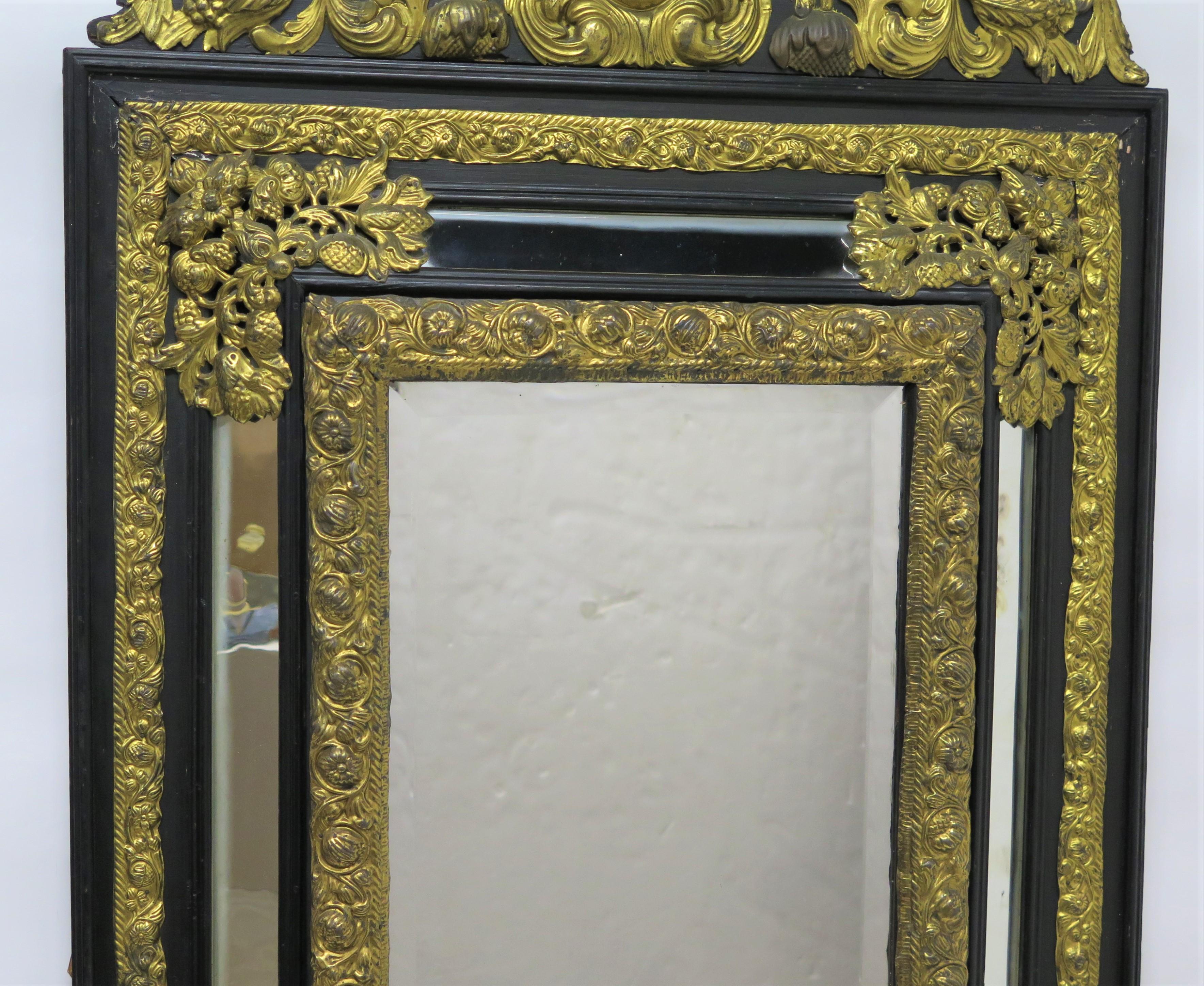 Dutch Looking Glass of Ebony and Brass Repoussé For Sale 3