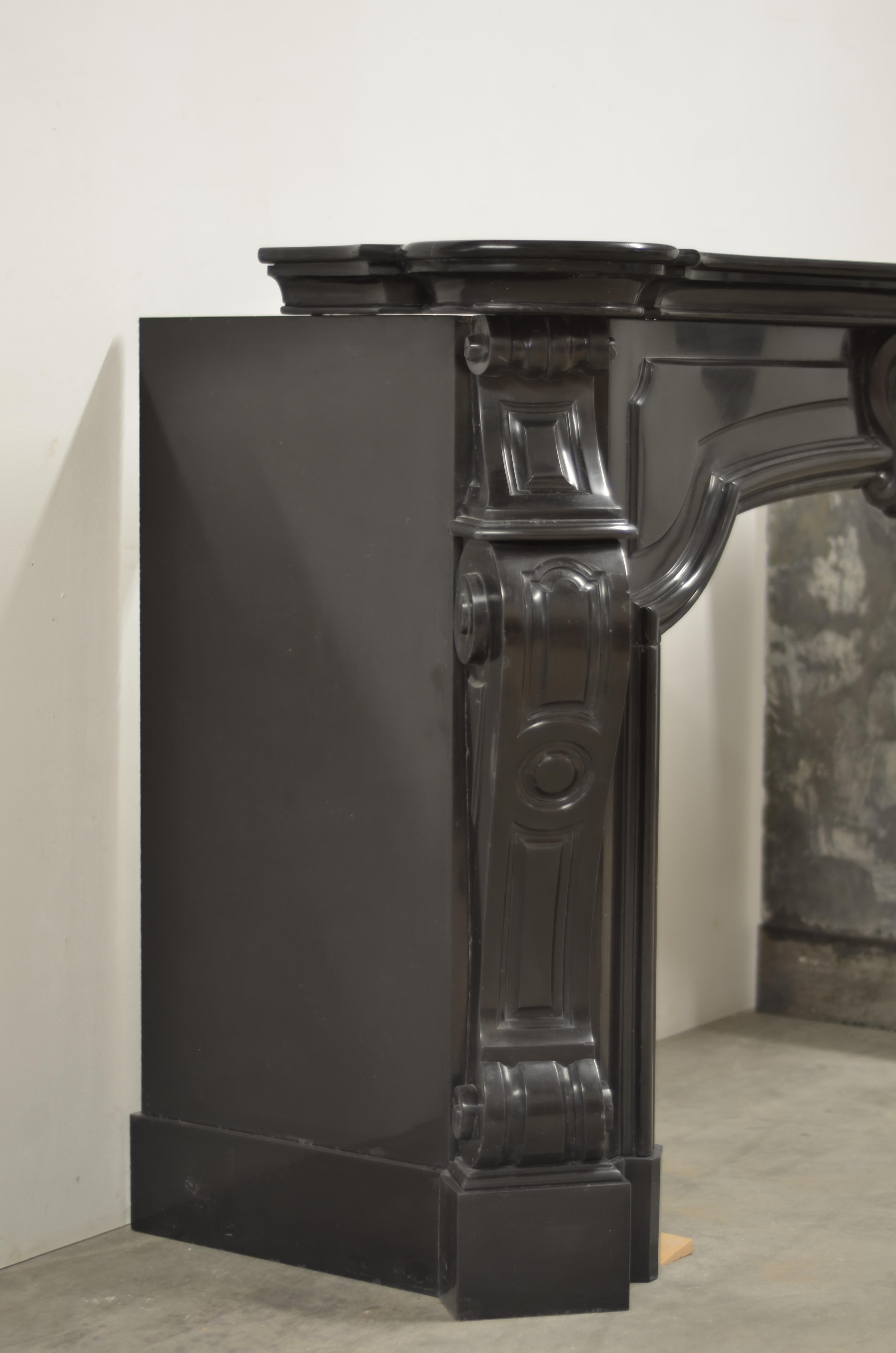 Belgian Black Marble Dutch Louis XV Fireplace Mantel in Black Marble For Sale