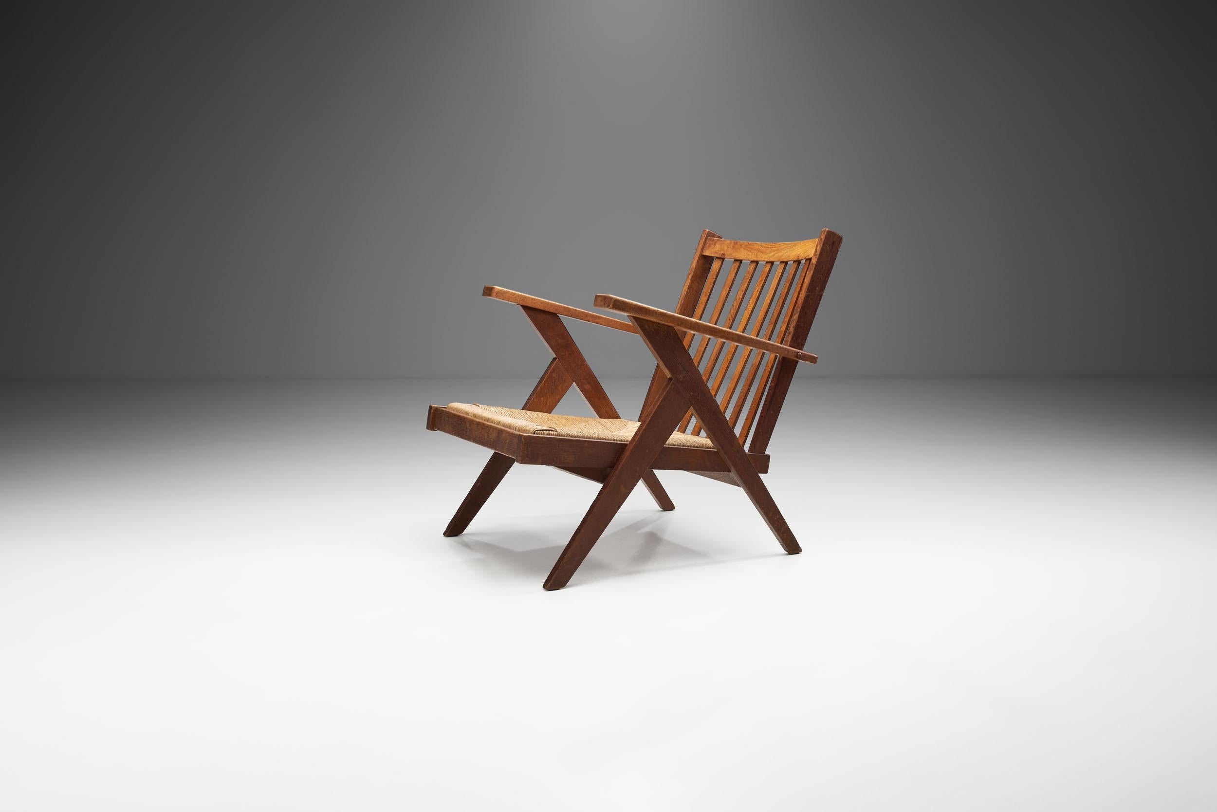 Mid-Century Modern Dutch Lounge Chair with Woven Rush Seat, the Netherlands, 1950s