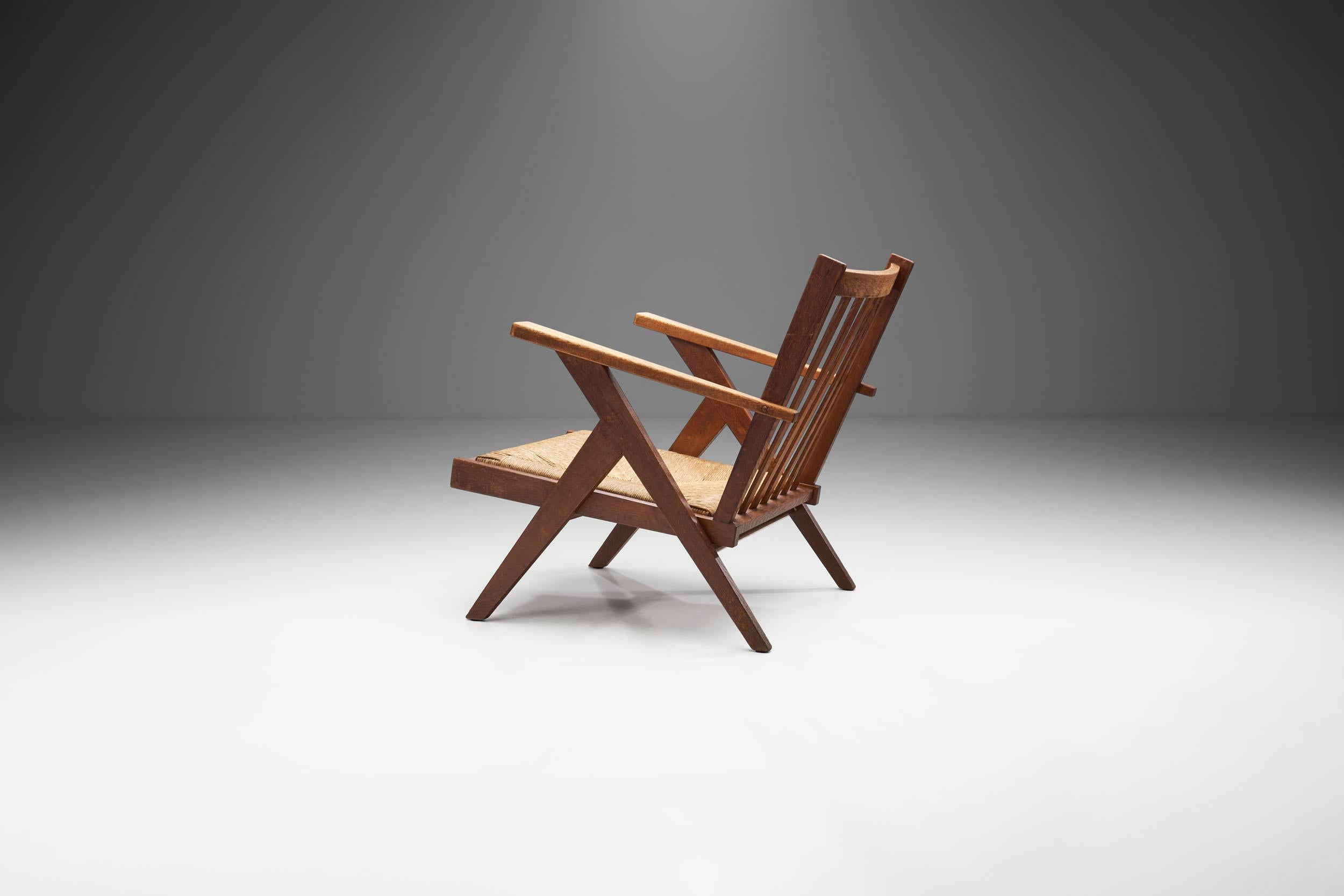 Mid-20th Century Dutch Lounge Chair with Woven Rush Seat, the Netherlands, 1950s