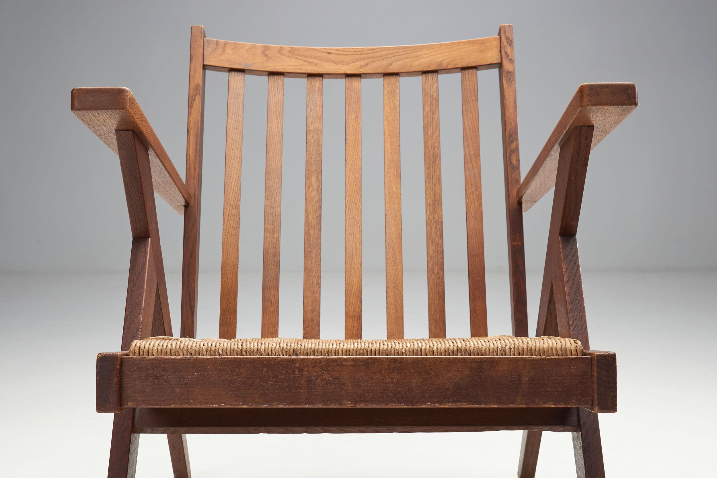 Dutch Lounge Chair with Woven Rush Seat, the Netherlands, 1950s 2