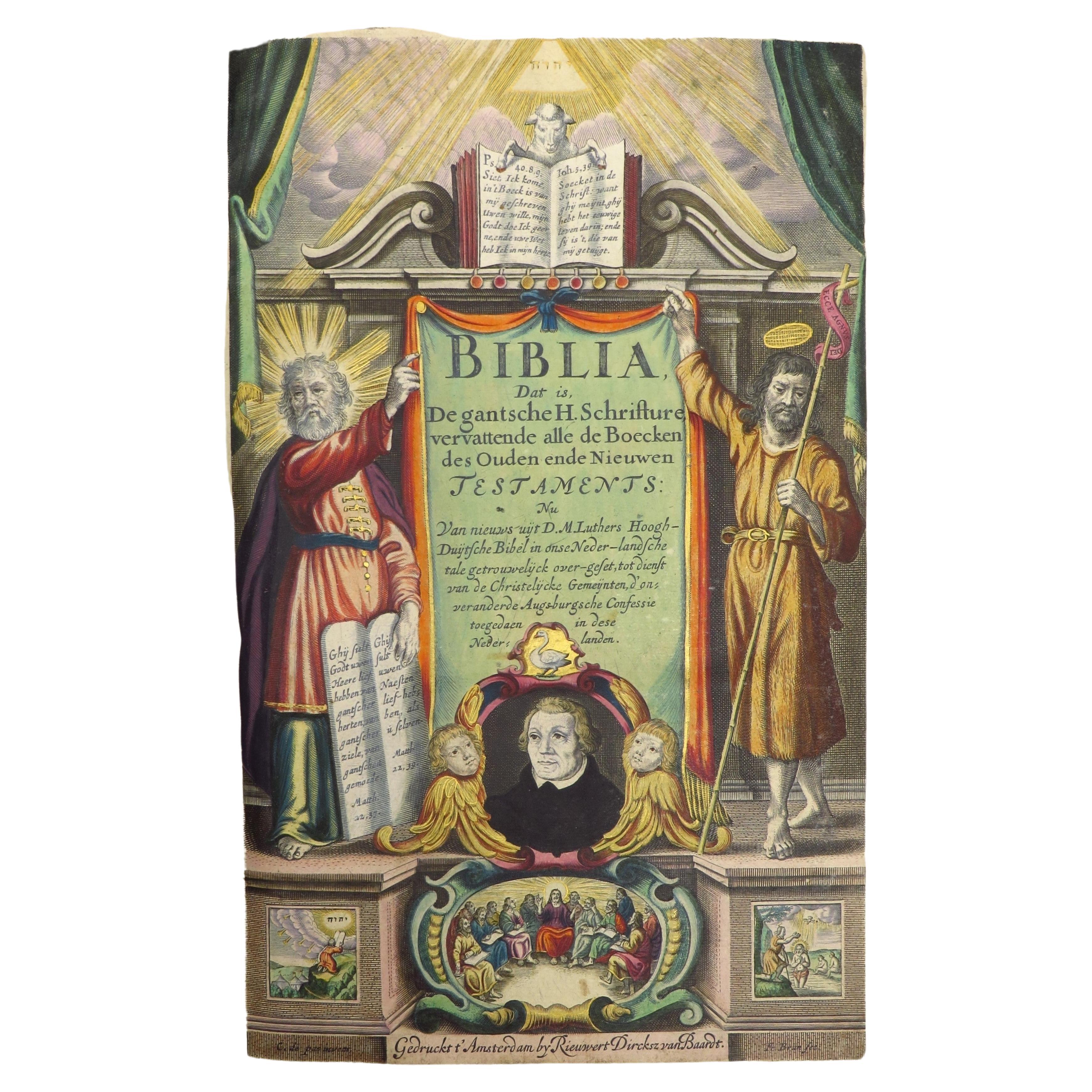 Dutch Luther Bible with fine hand-coloured and highlighted in gold illustrations For Sale