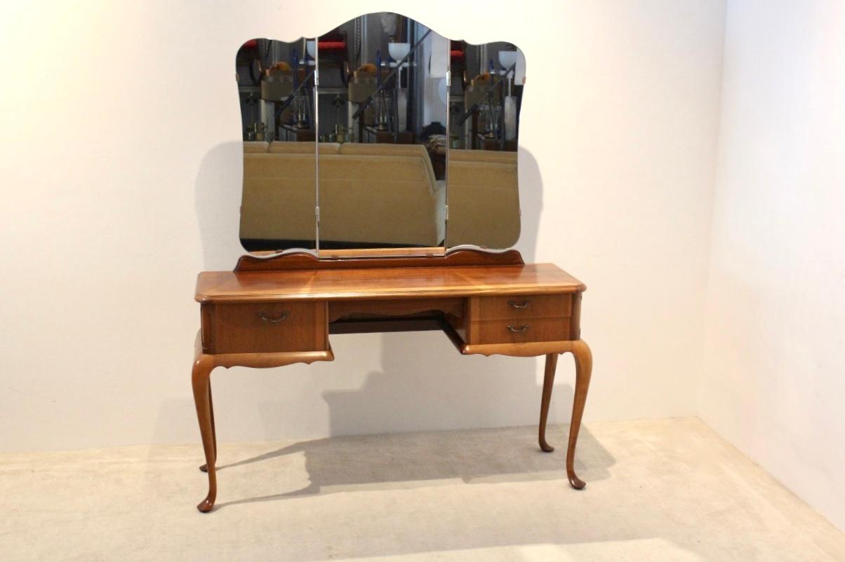 Mid-Century Modern Dutch Mahogany Vanity Dresser with Tri-Fold Mirror For Sale