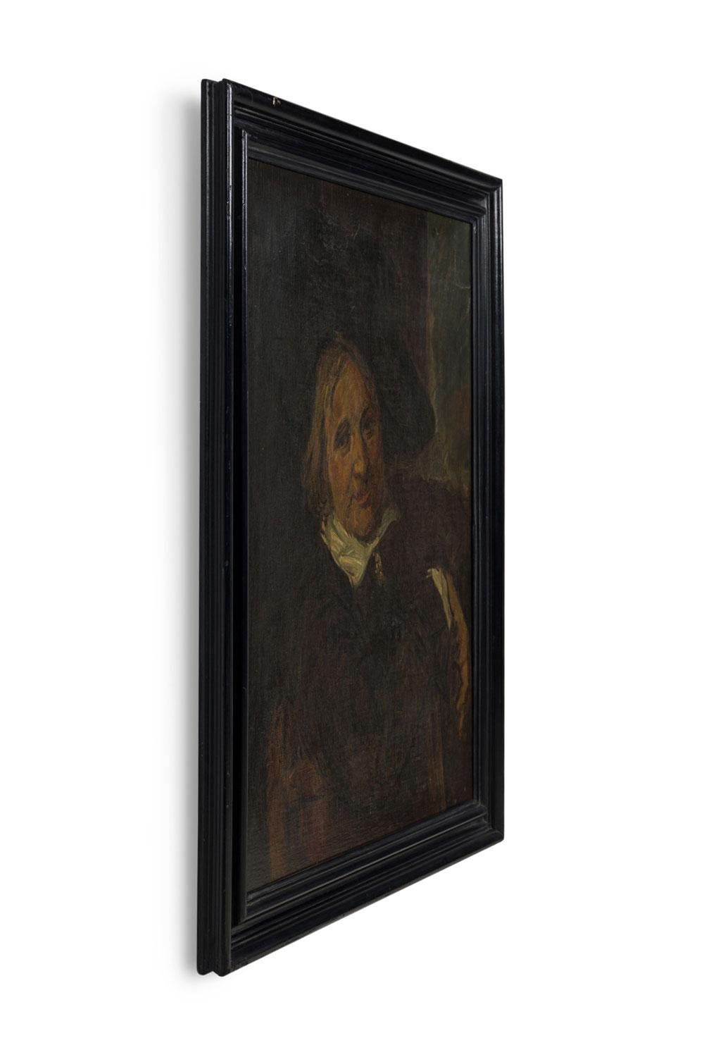 Peinture à l'huile hollandaise de style vieux maître (19ème siècle) encadrée en noir, portrait d'un homme avec un grand chapeau et une main drapée sur une chaise (Succession Enrico Caruso)