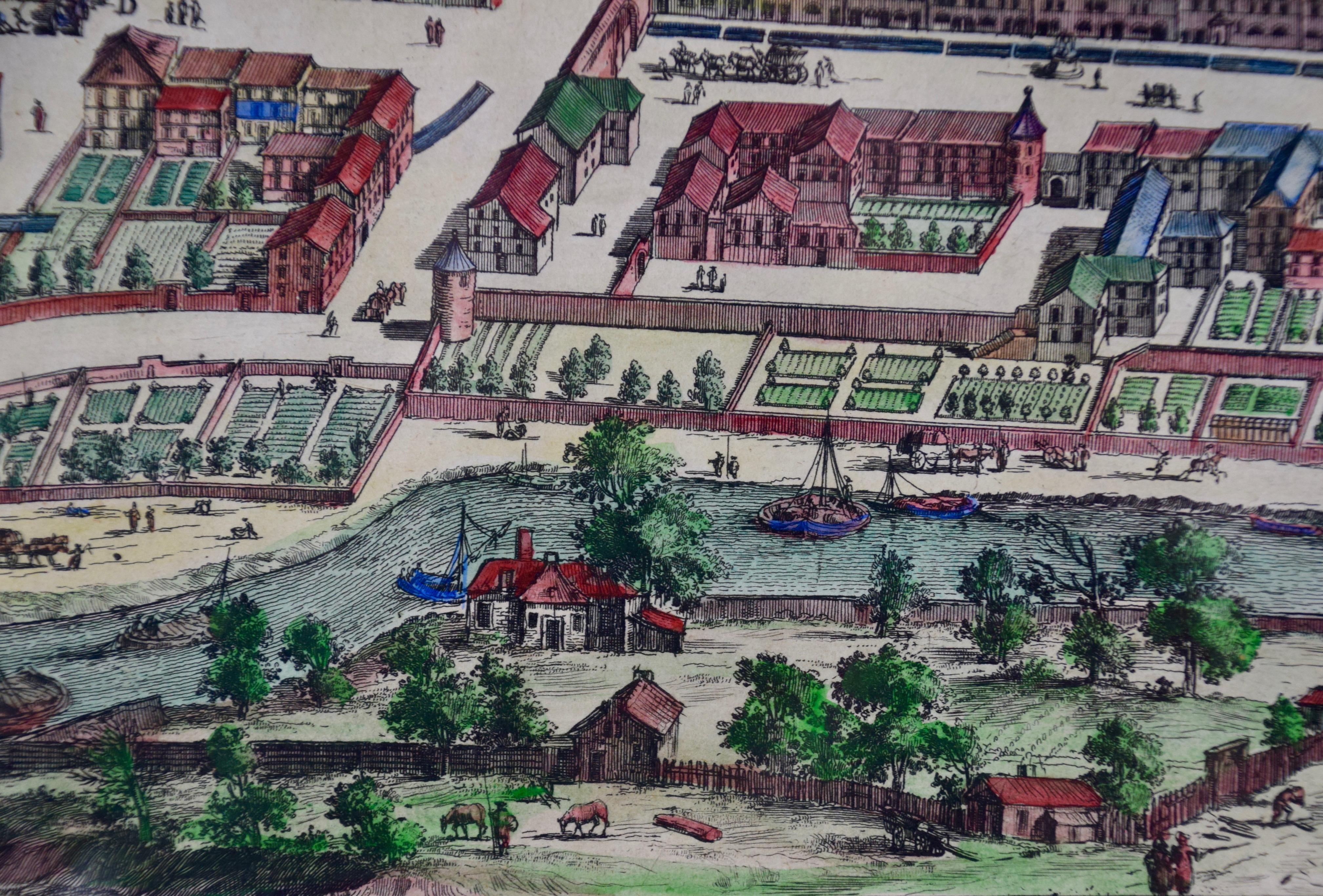Gravé Carte et plan de ville néerlandais de La Roche-sur-Foron, France, 17ème siècle, coloré à la main en vente