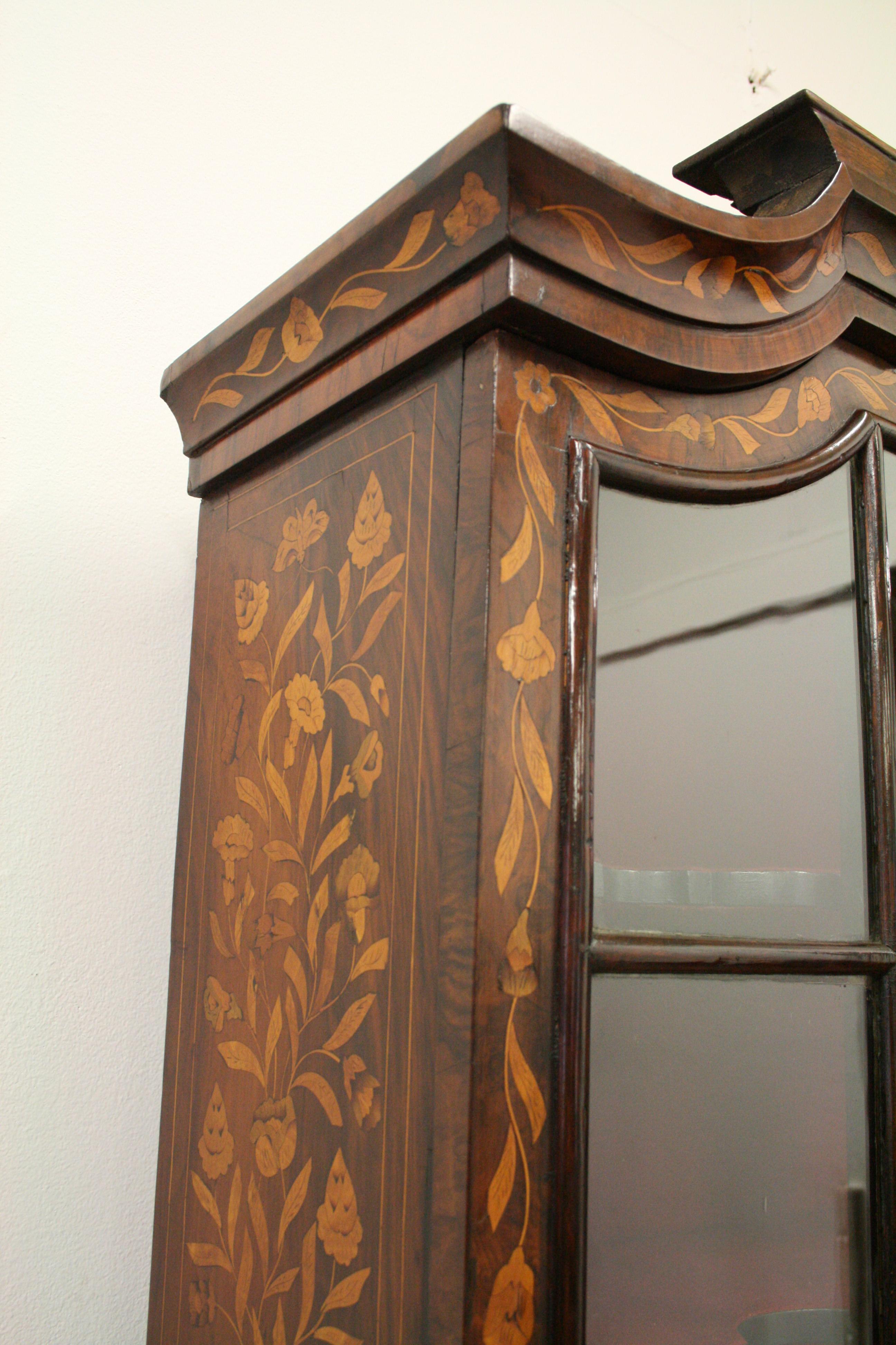 Walnut Dutch Marquetry 2 Part Display Cabinet For Sale