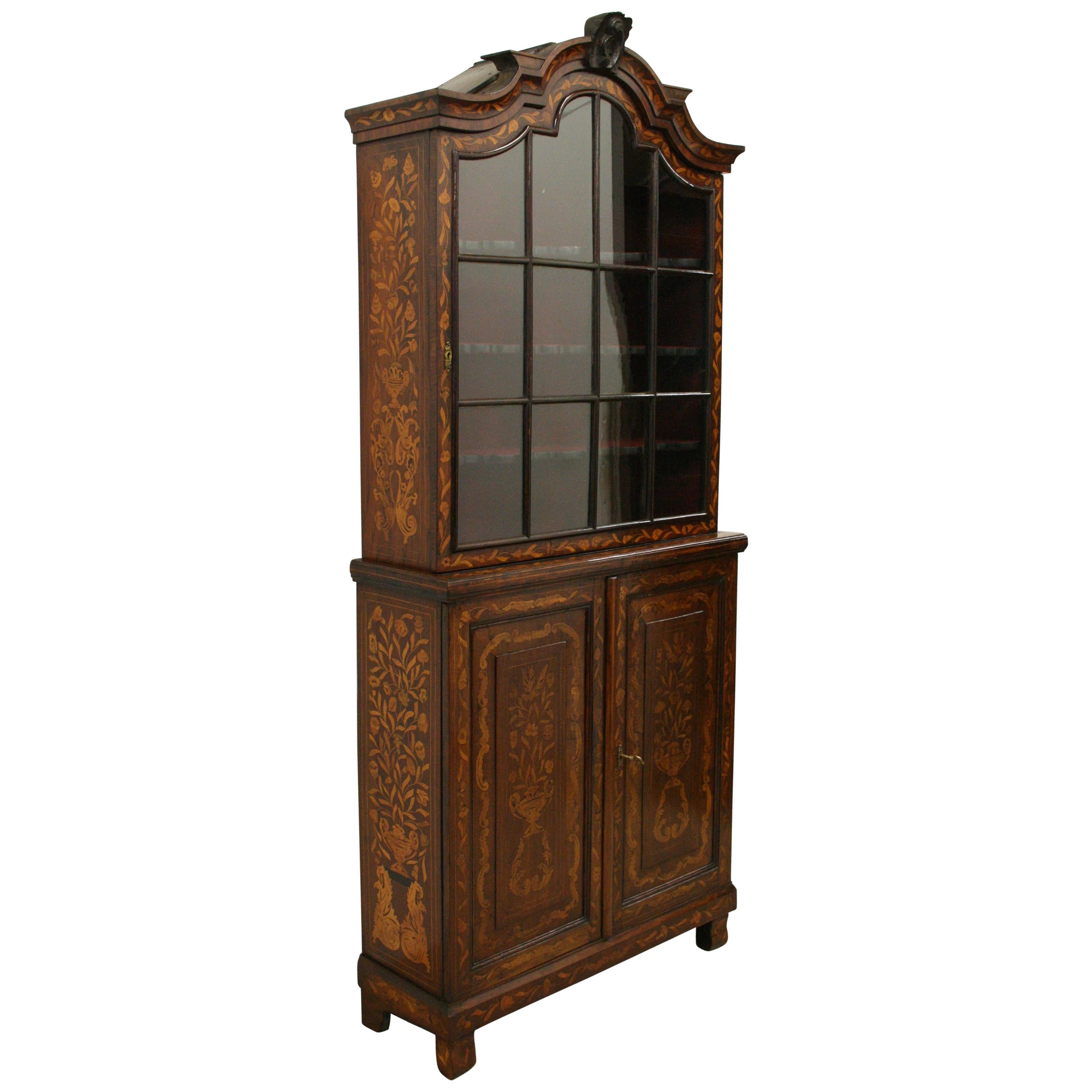 Dutch Marquetry 2 Part Display Cabinet For Sale