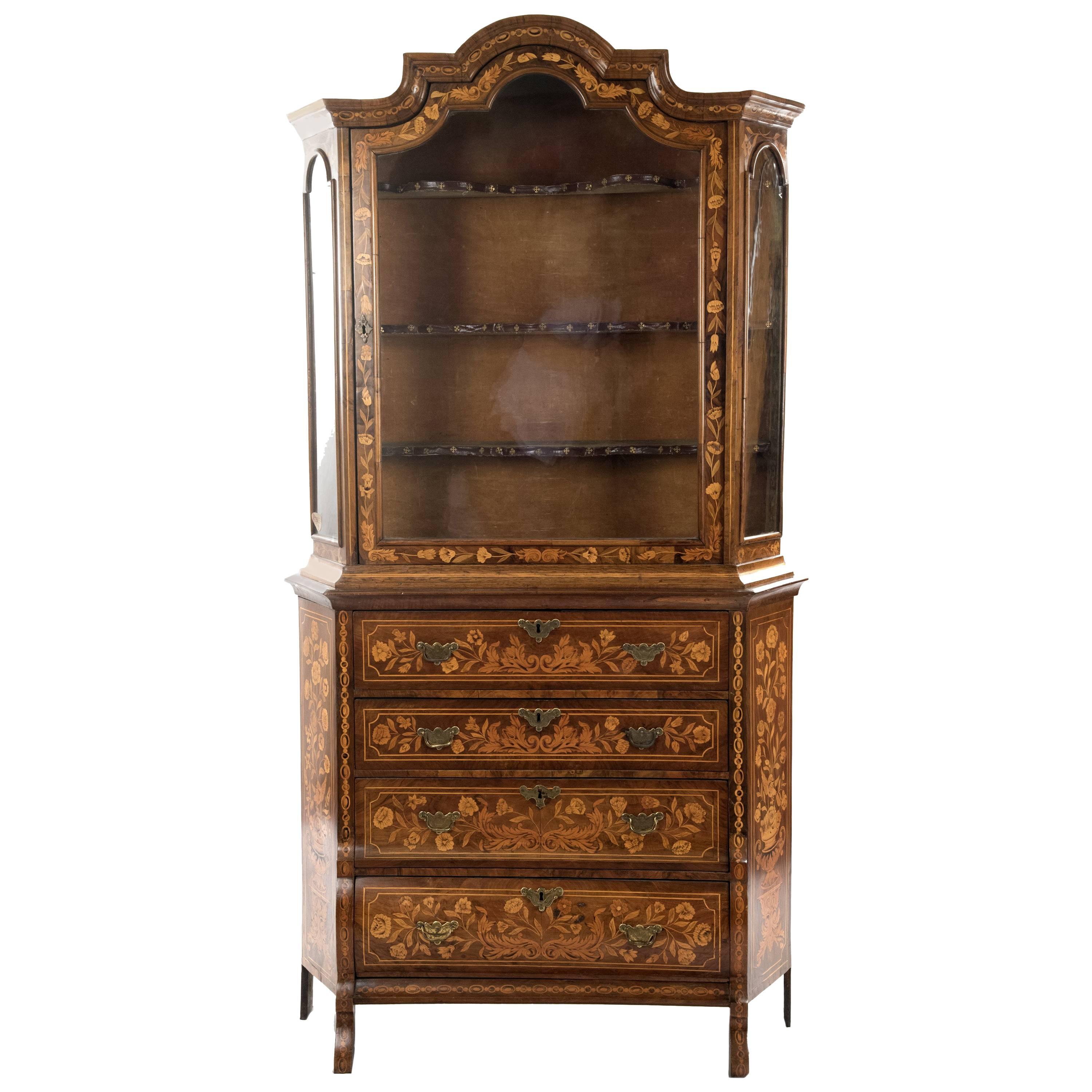 Dutch Marquetry Bombe Display Cabinet For Sale
