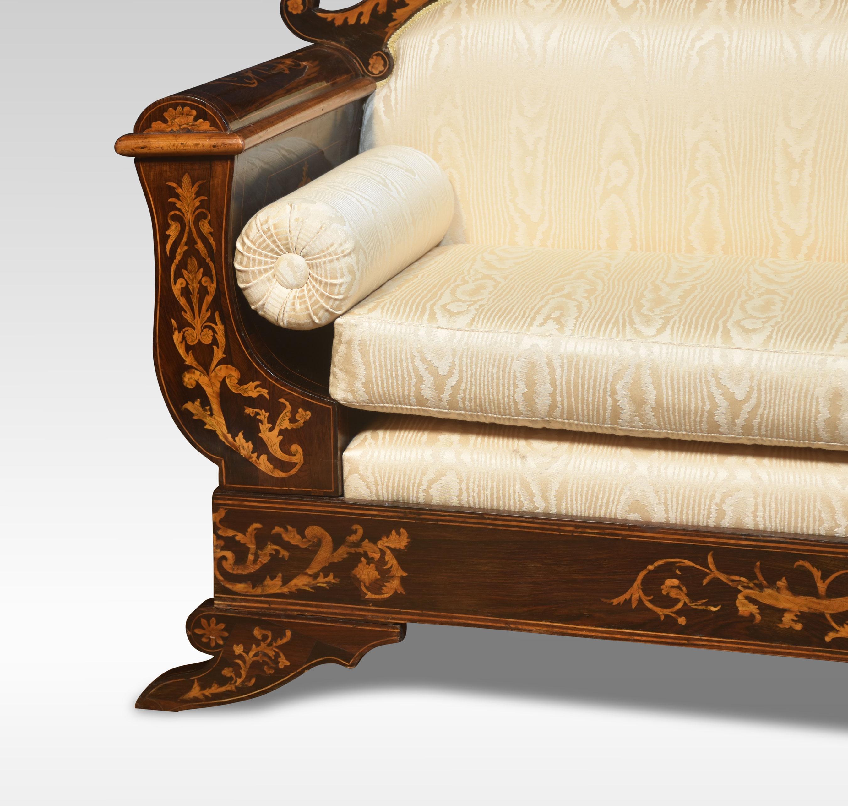 Marquetry inlaid settee, the inlaid top rail above watermark silk upholstery enclosed by scrolling arms. Standing on scrolling feet.
Dimensions
Height 34 Inches height to seat 19 Inches
Width 90 Inches
Depth 24 Inches.