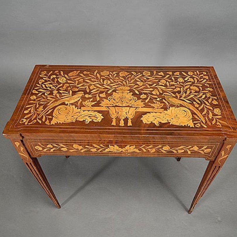 Carved Dutch Marquetry Flip-Top Card Table, 19th Century