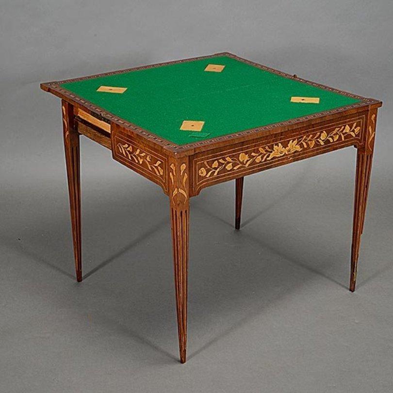 Velvet Dutch Marquetry Flip-Top Card Table, 19th Century
