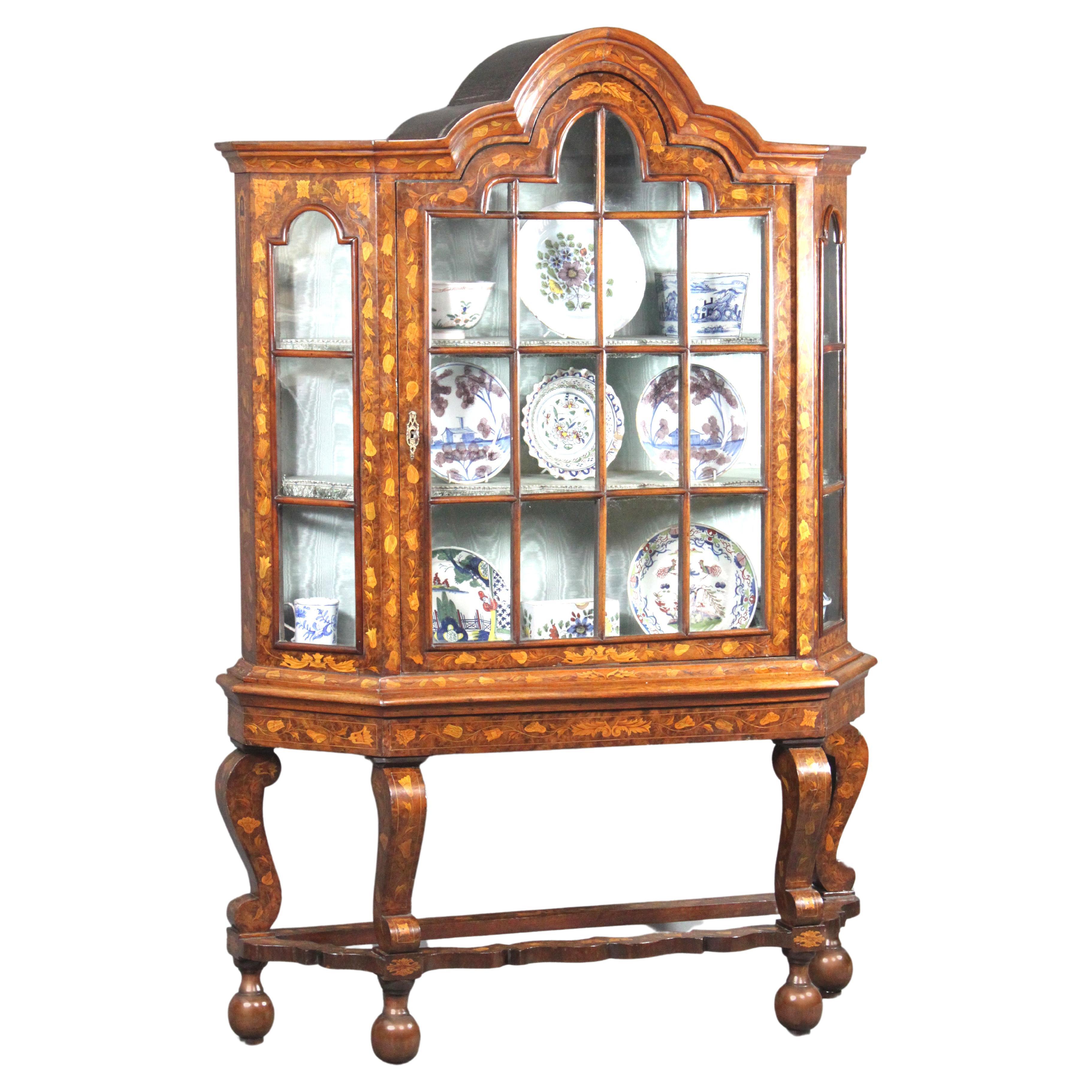 Dutch Marquetry Glazed Cabinet For Sale