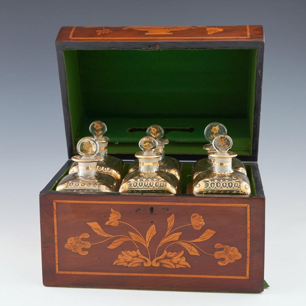 Dutch Marquetry Grog Box with Six Stoppered Bottles, 20th Century In Excellent Condition For Sale In Tunbridge Wells, GB