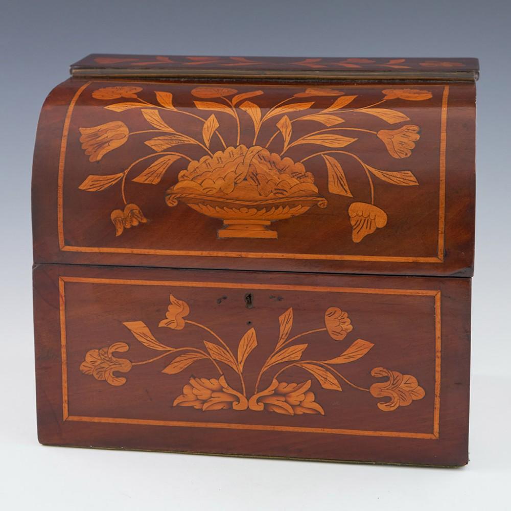Mahogany Dutch Marquetry Grog Box with Six Stoppered Bottles, 20th Century For Sale