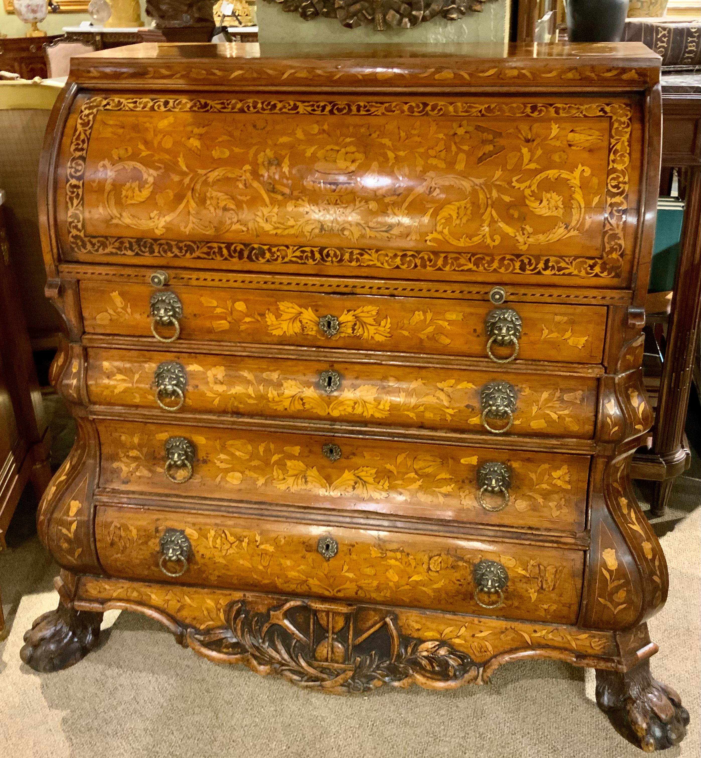 Dutch Marquetry Inlaid Cylinder Desk/Bureau 18 Th Century, Bombe’ Chest Form In Good Condition For Sale In Houston, TX