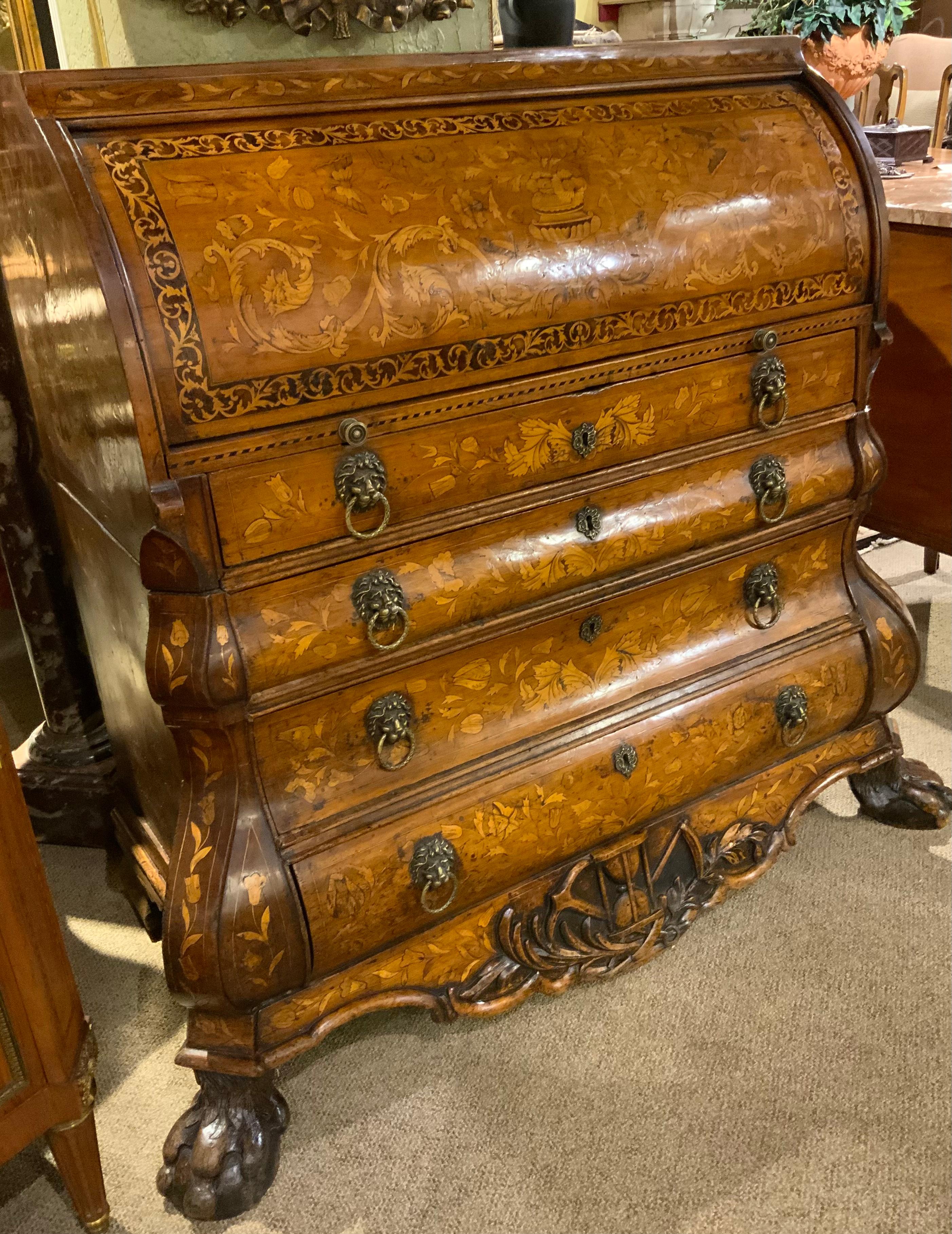 18th Century Dutch Marquetry Inlaid Cylinder Desk/Bureau 18 Th Century, Bombe’ Chest Form For Sale